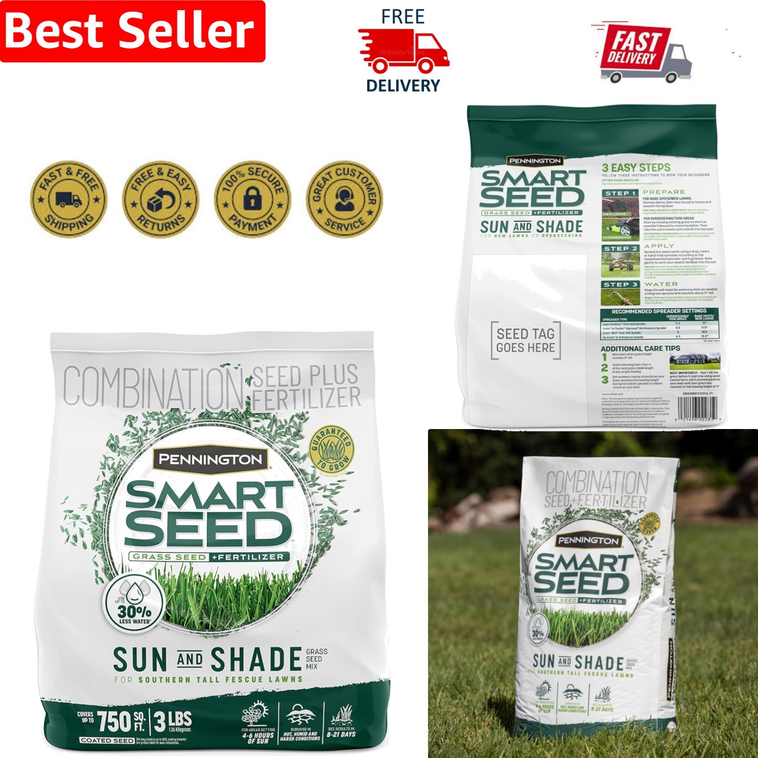 3 lb Smart Seed Sun and Shade Grass Mix – Drought Resistant for Southern Lawns