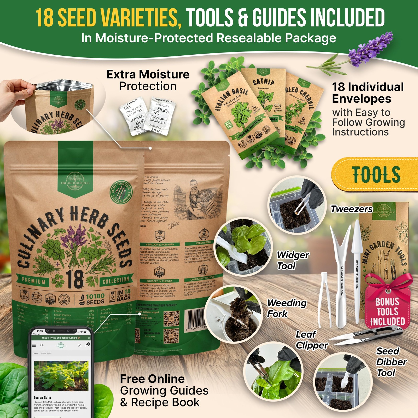 18 Culinary Herb Seeds Variety Pack – Heirloom, Non-GMO Seeds for Gardening