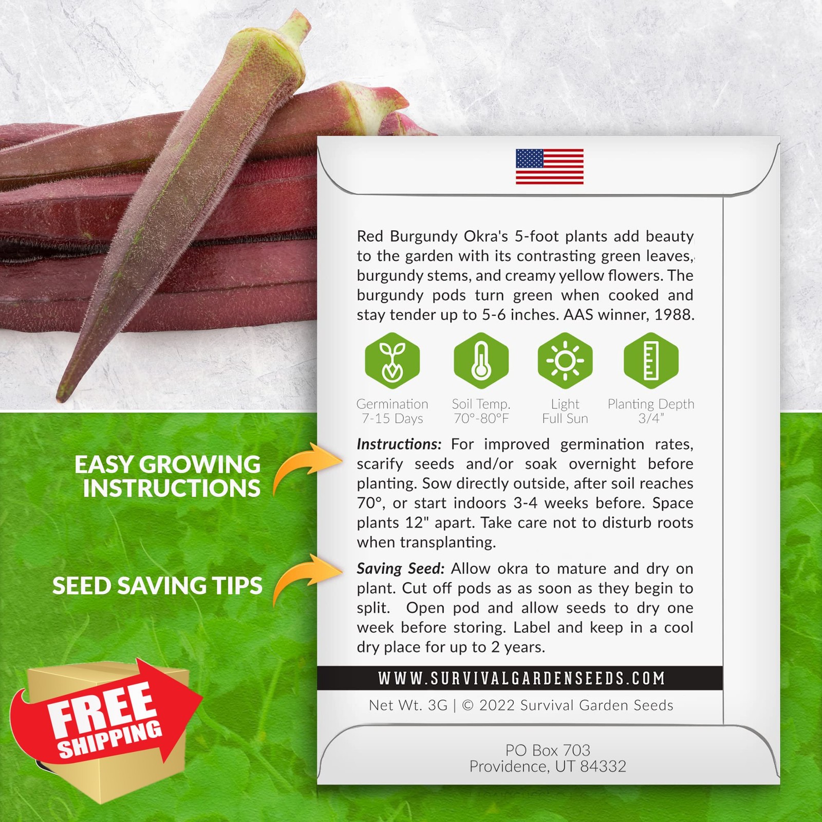 Red Burgundy Okra Seeds 3 Packs Non-GMO Heirloom Planting Garden