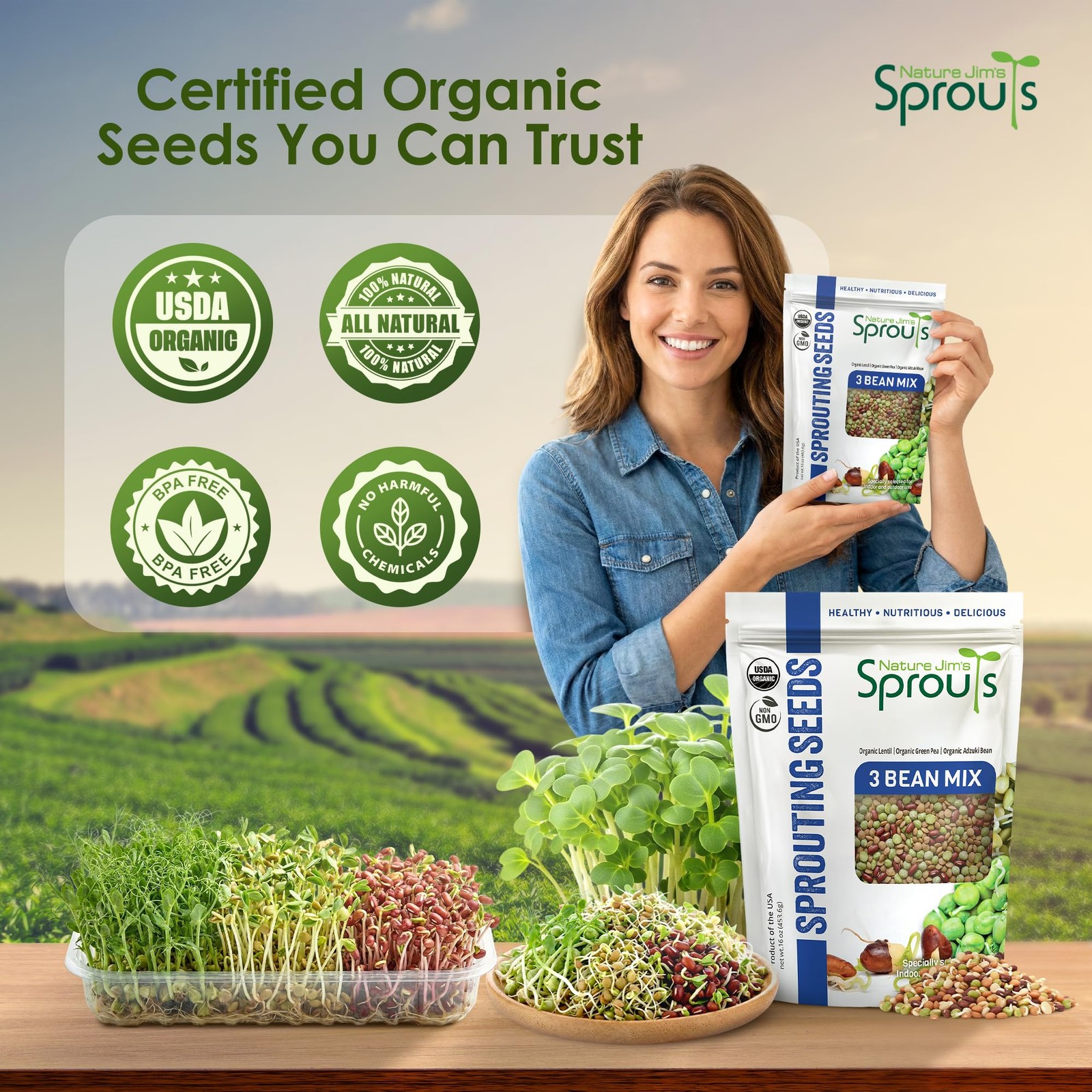 Organic 3-Bean Seed Mix for Planting – Non-GMO Microgreen Sprout Seeds 16 Oz