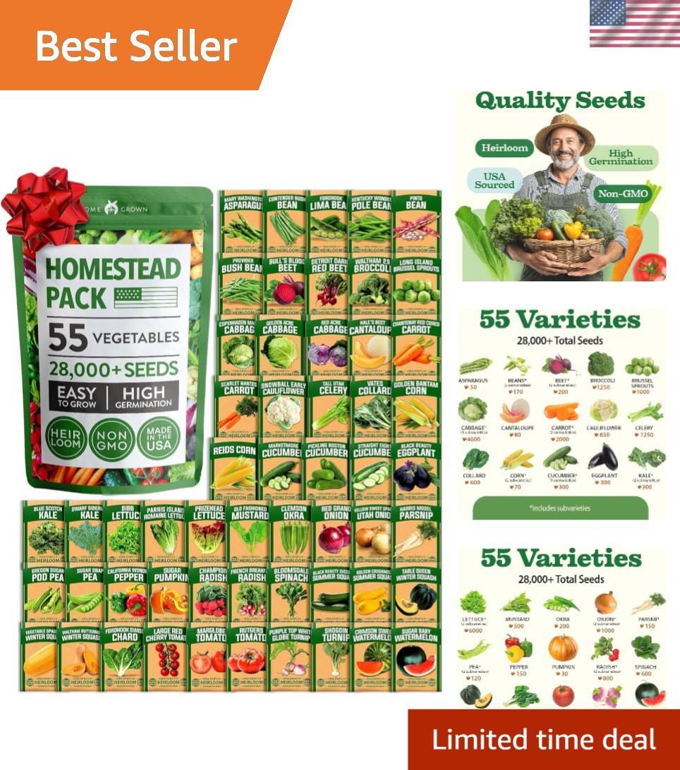 55 Heirloom Vegetable Seeds Pack – Non-GMO Survival Seed Vault for All Seasons