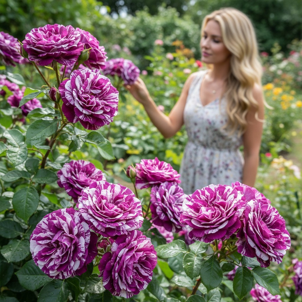 50 Striped Rose Flower Seeds – Purple White Variegated Garden Blooms
