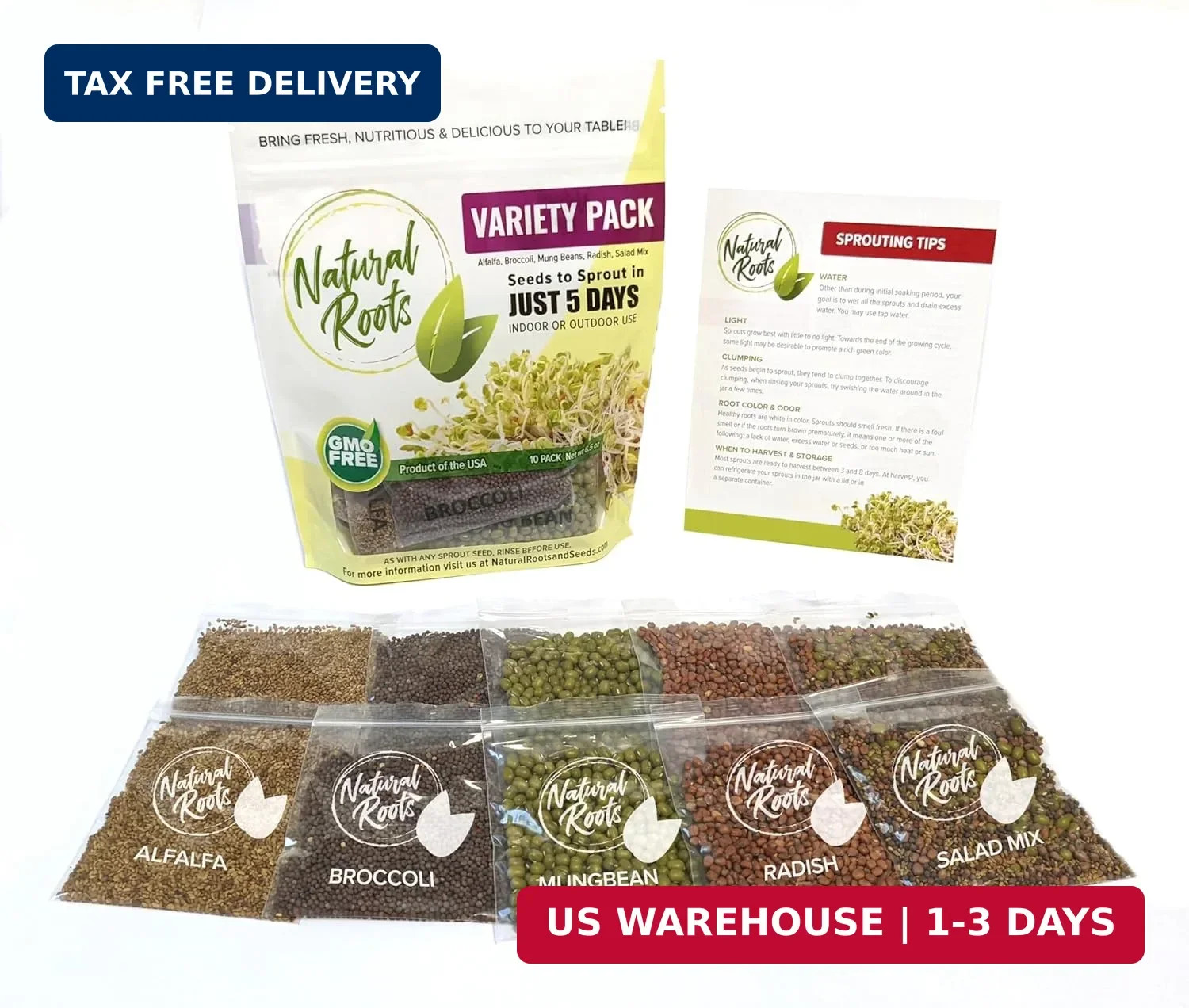 Variety Pack Sprouting Seeds Broccoli, Alfalfa, Radish, Mung beans & Salad Mix f