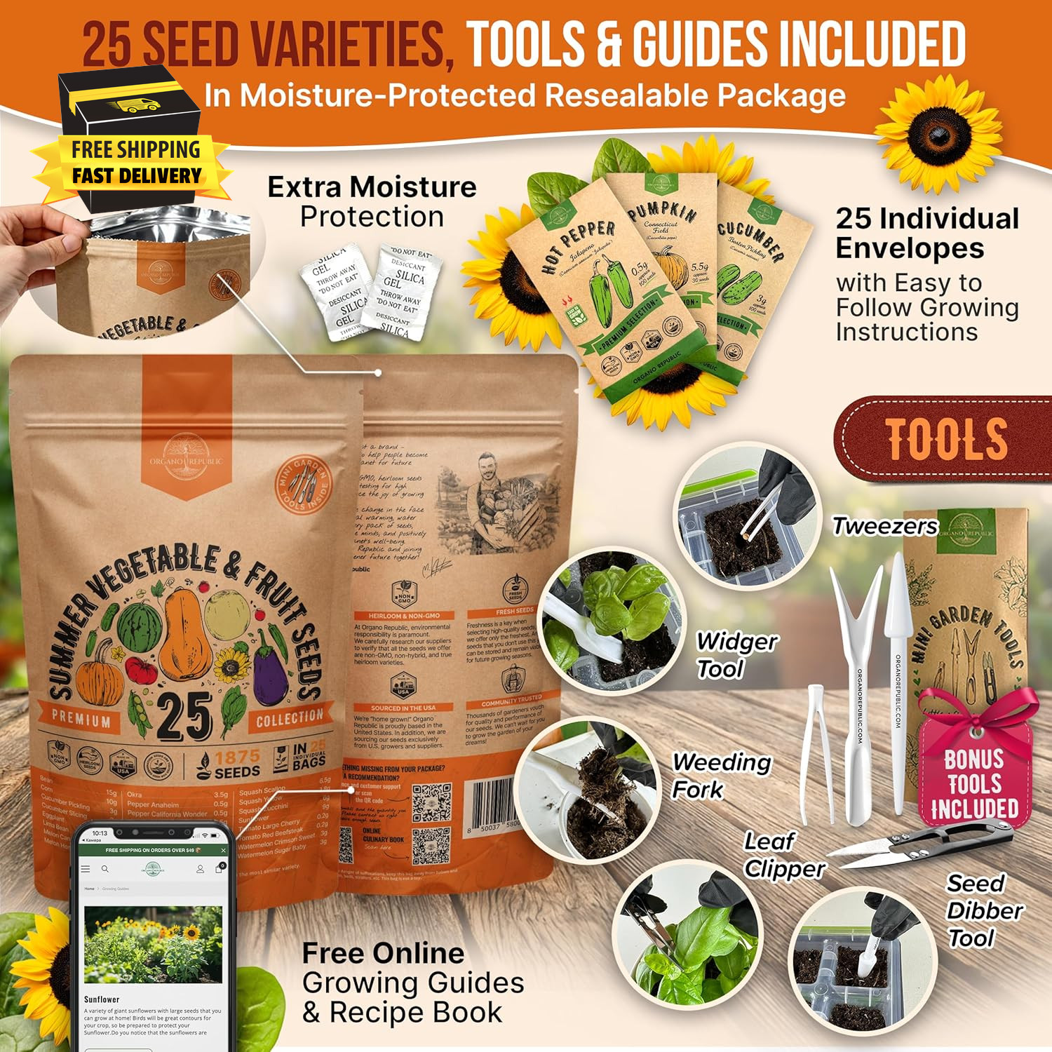 25 Summer Vegetable & Fruit Seeds Variety Pack – 1,870+ Non-Gmo Heirloom Veggie