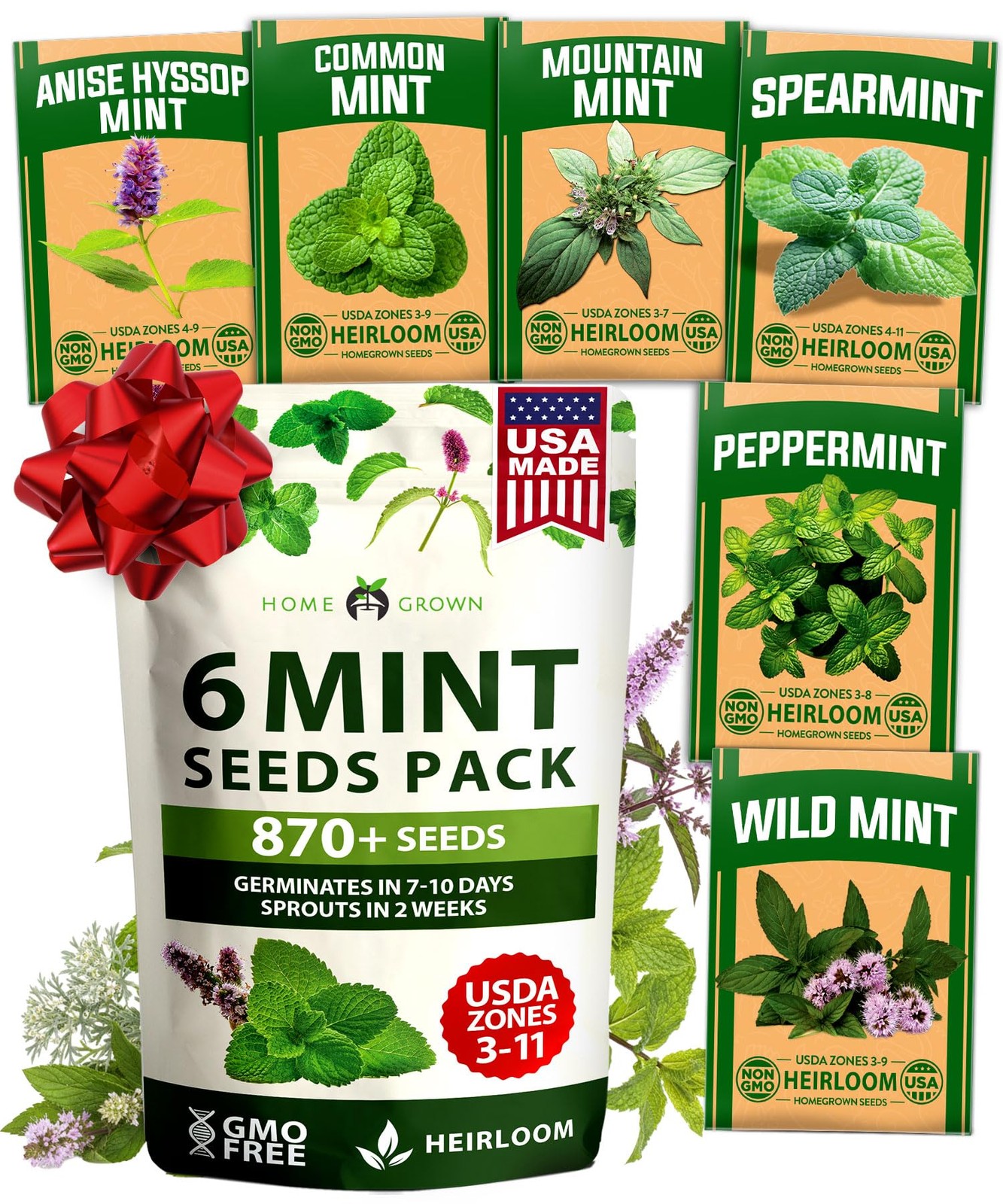 HOME GROWN Mint Seeds Variety Pack – 870+ Heirloom Non-GMO USA Peppermint, Sp…