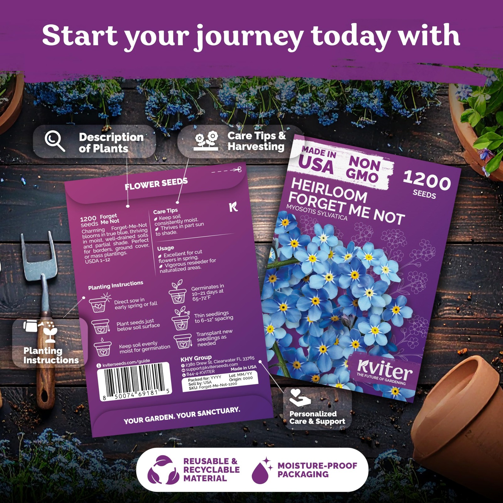 KVITER 2,400 Forget Me Not Seeds (Myosotis sylvatica), 2 Pack