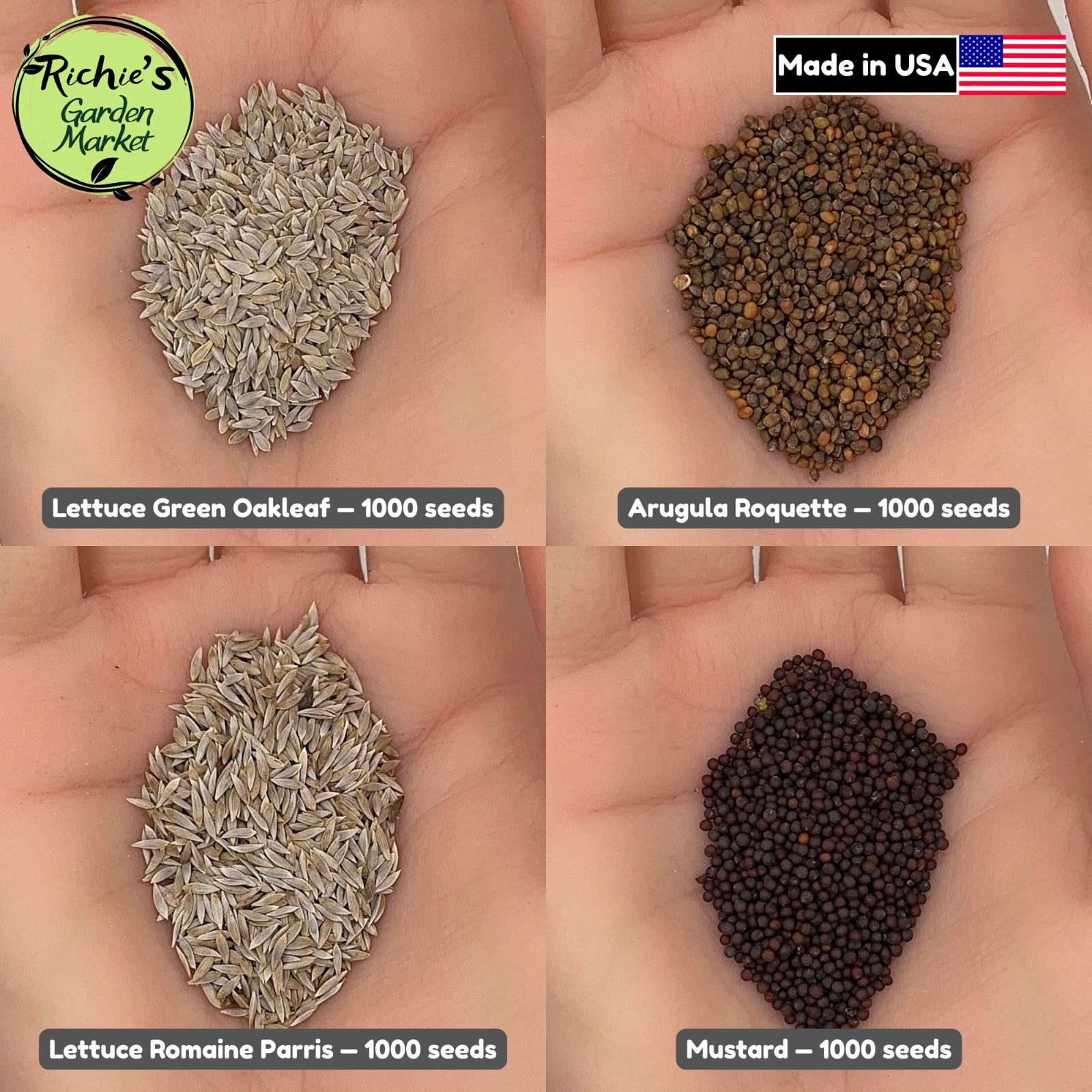 Arugula, Oakleaf, Romaine, Mustard Seeds Set, Lettuce, Non-GMO, Free Shipping