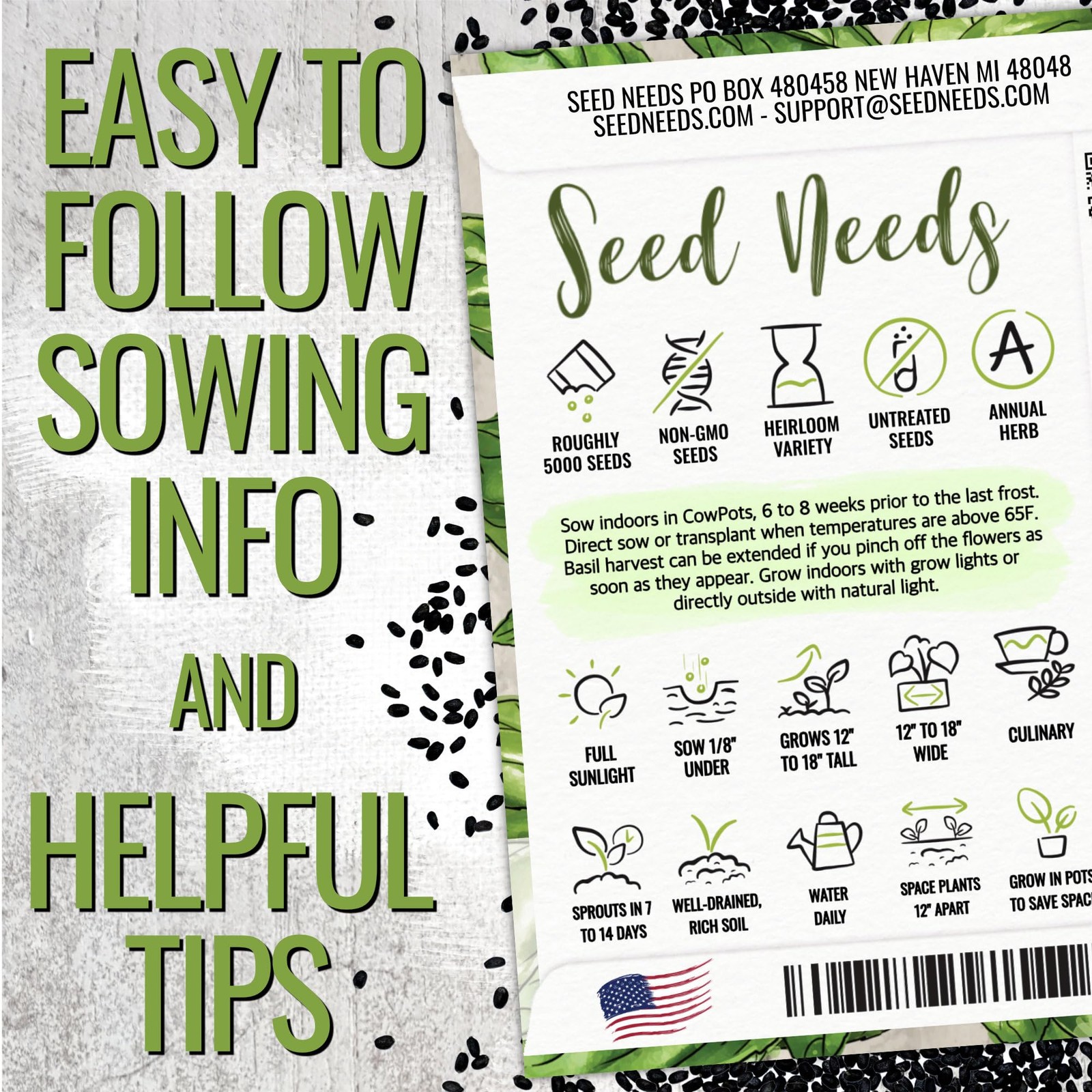 Basil Seeds for Planting – Non-GMO Thai Basil for Indoor/Outdoor Herb Garden