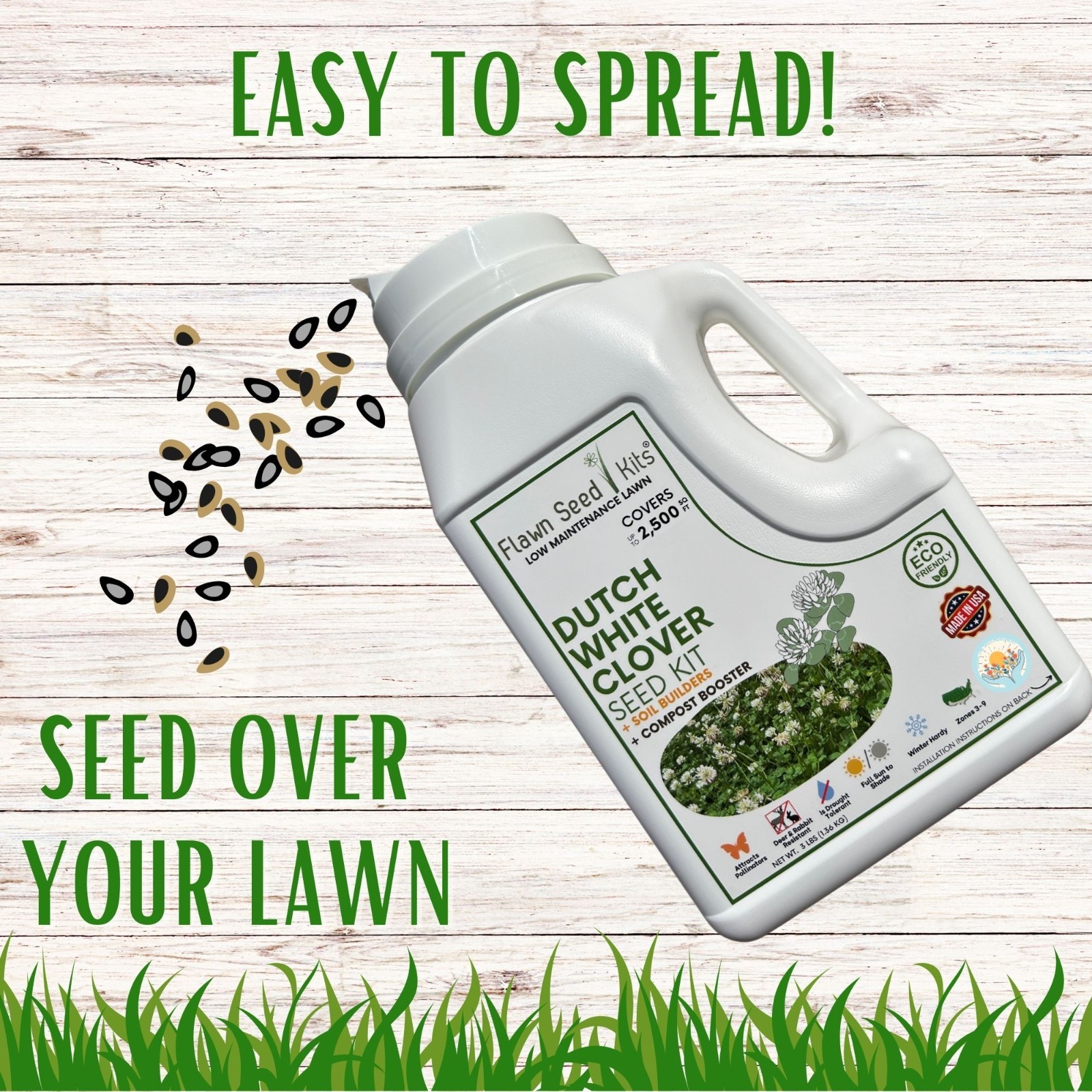Dutch White Clover Seed, Easy Spread Shaker, Organic Coated, Low Maintenance