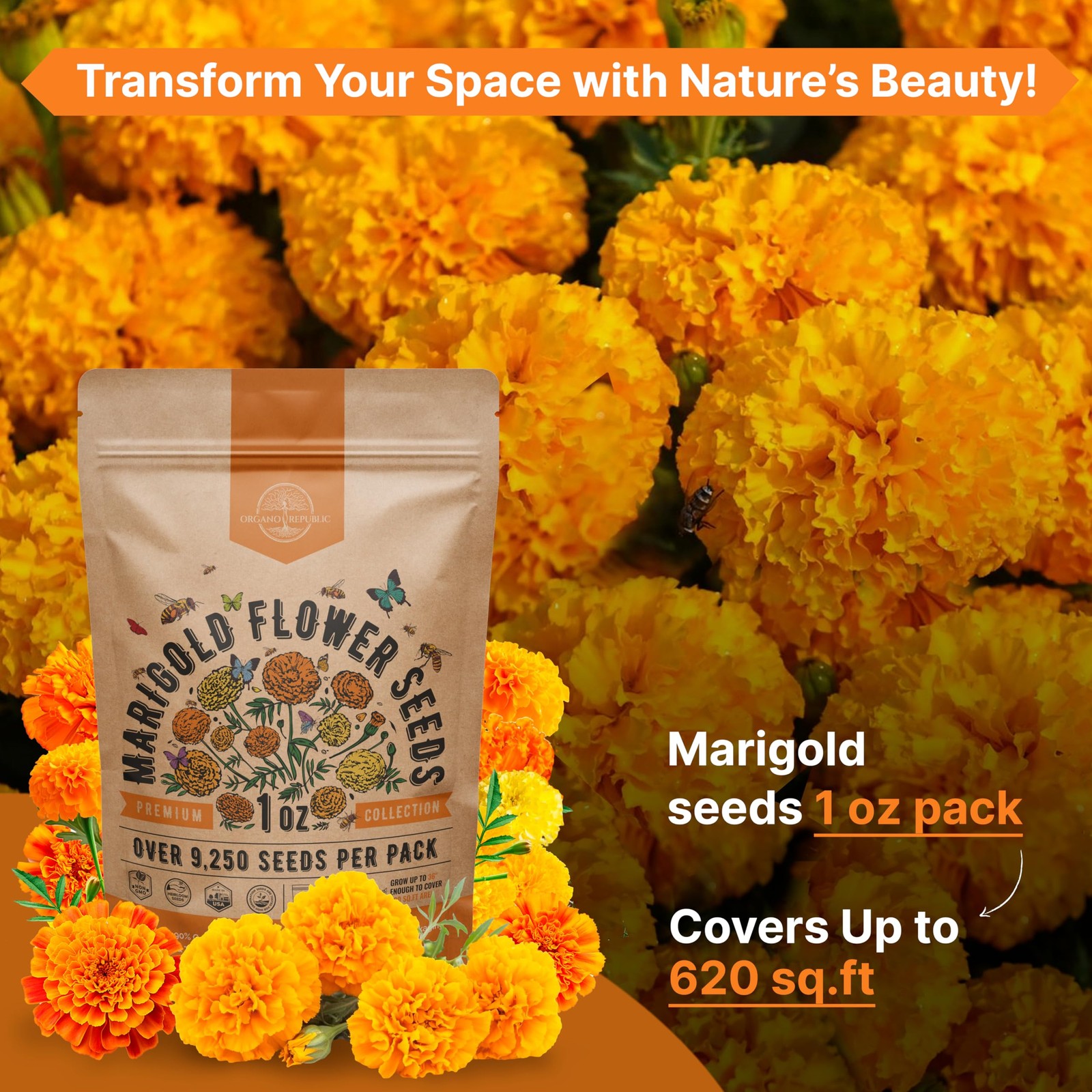 Marigold Seeds Pack 1 oz – Over 9,250 Non-GMO 1oz, Orange, Yellow, Red, Green