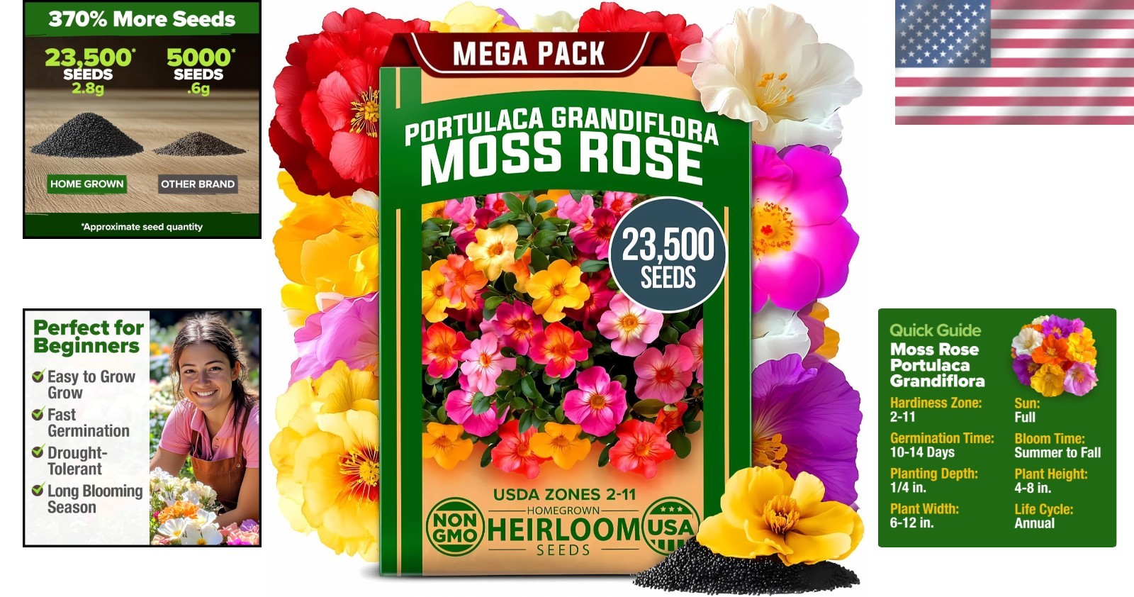 Bright Moss Rose Seeds Bulk Pack – 23,500+ Colorful Annual Flowers for Gardens