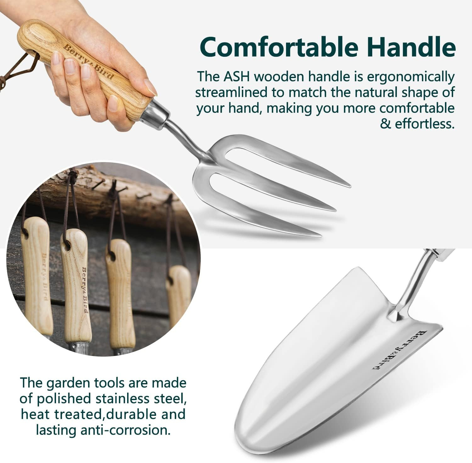 Garden Tool Set- 3PCS Stainless Steel Gardening Tool Sets with Wooden Handle Tro