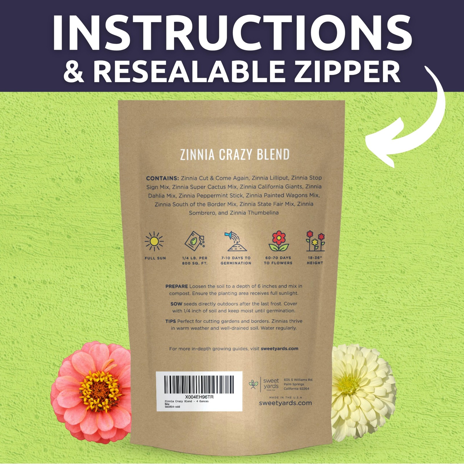 Zinnia Crazy Blend Bulk 1/4 Pound Pouch, 15000 Flower Seeds Planting Elegans
