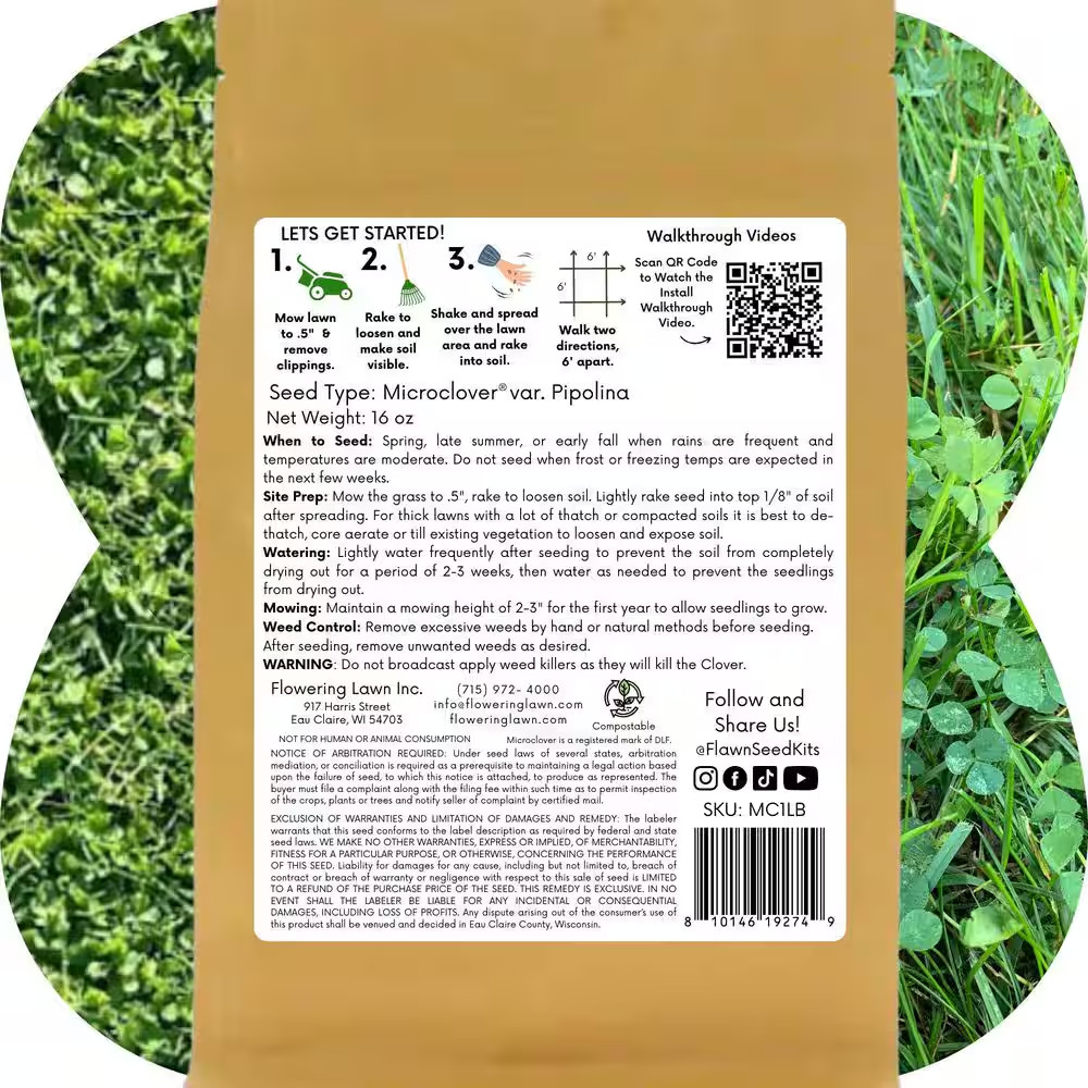 Micro Clover Seed 1 Lb, Organic Coated, Eco-Friendly, Low Growing, Low Maintenan