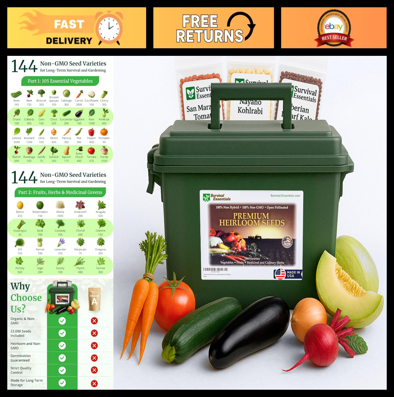 Non-GMO Heirloom Survival Seed Vault – 23,000 Open-Pollinated Seeds, 144 Varieti