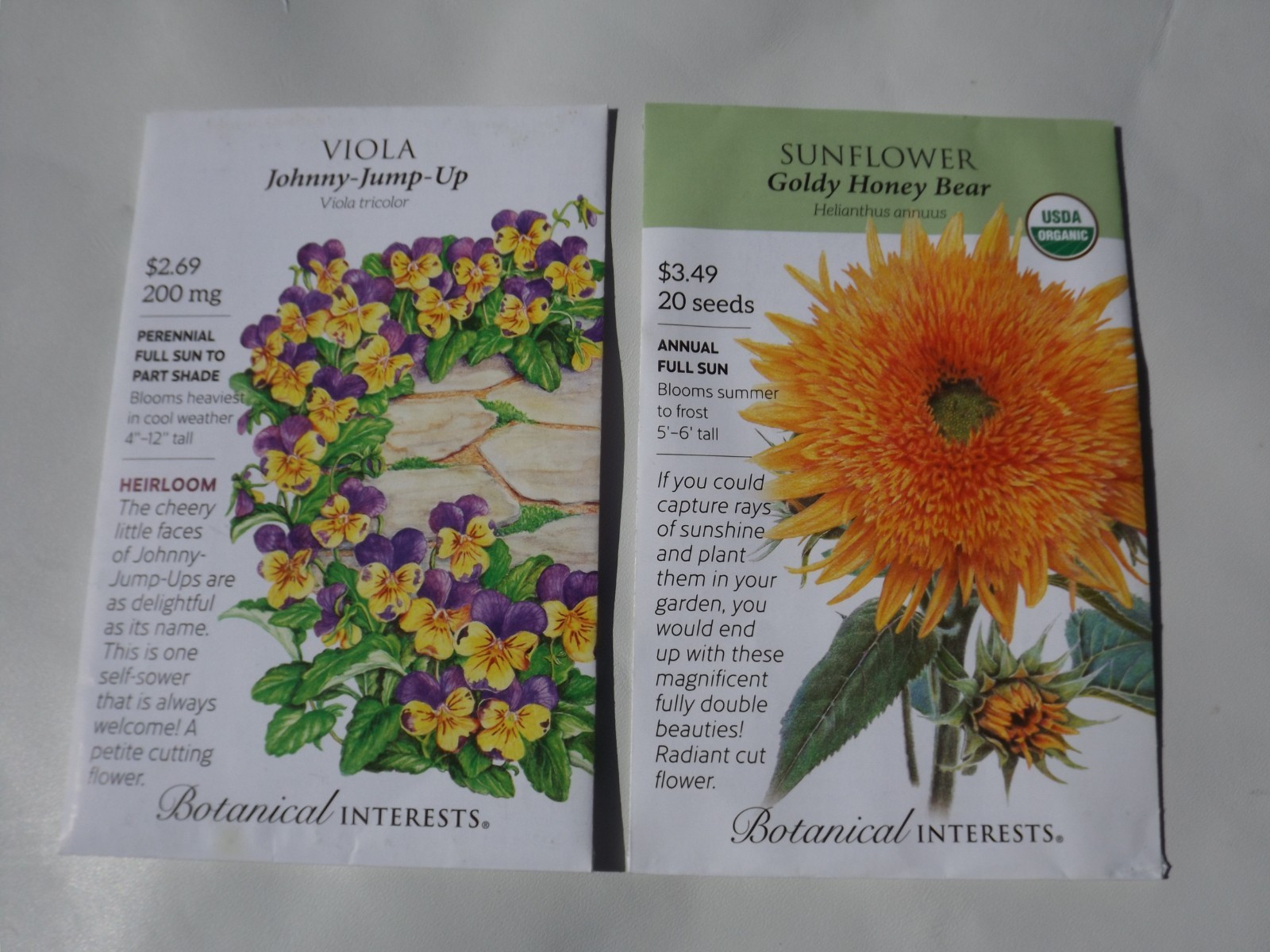 Lot #1 20 packs Botanical Interests seeds, sunflower, jump-up, nasturtium