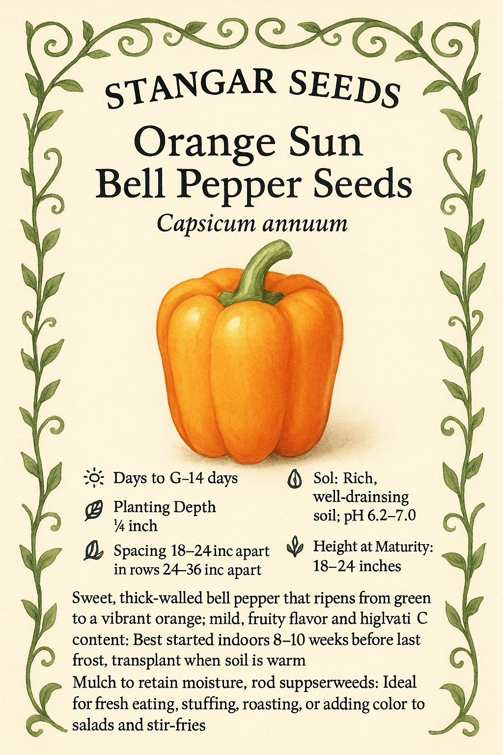 Orange Sun Bell Pepper Seeds | Heirloom Green Cal Wonder King Peppers Seed 2026