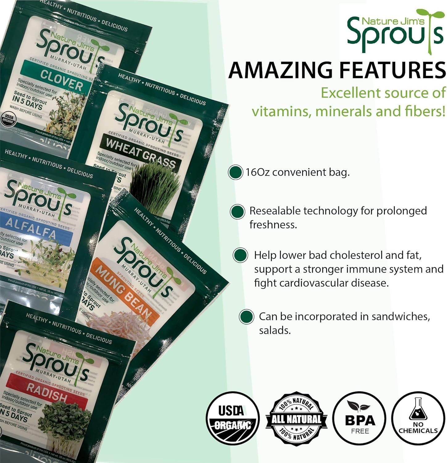Non-GMO Organic Alfalfa Seeds – 16oz Sprout Growing Kit for Home Gardens