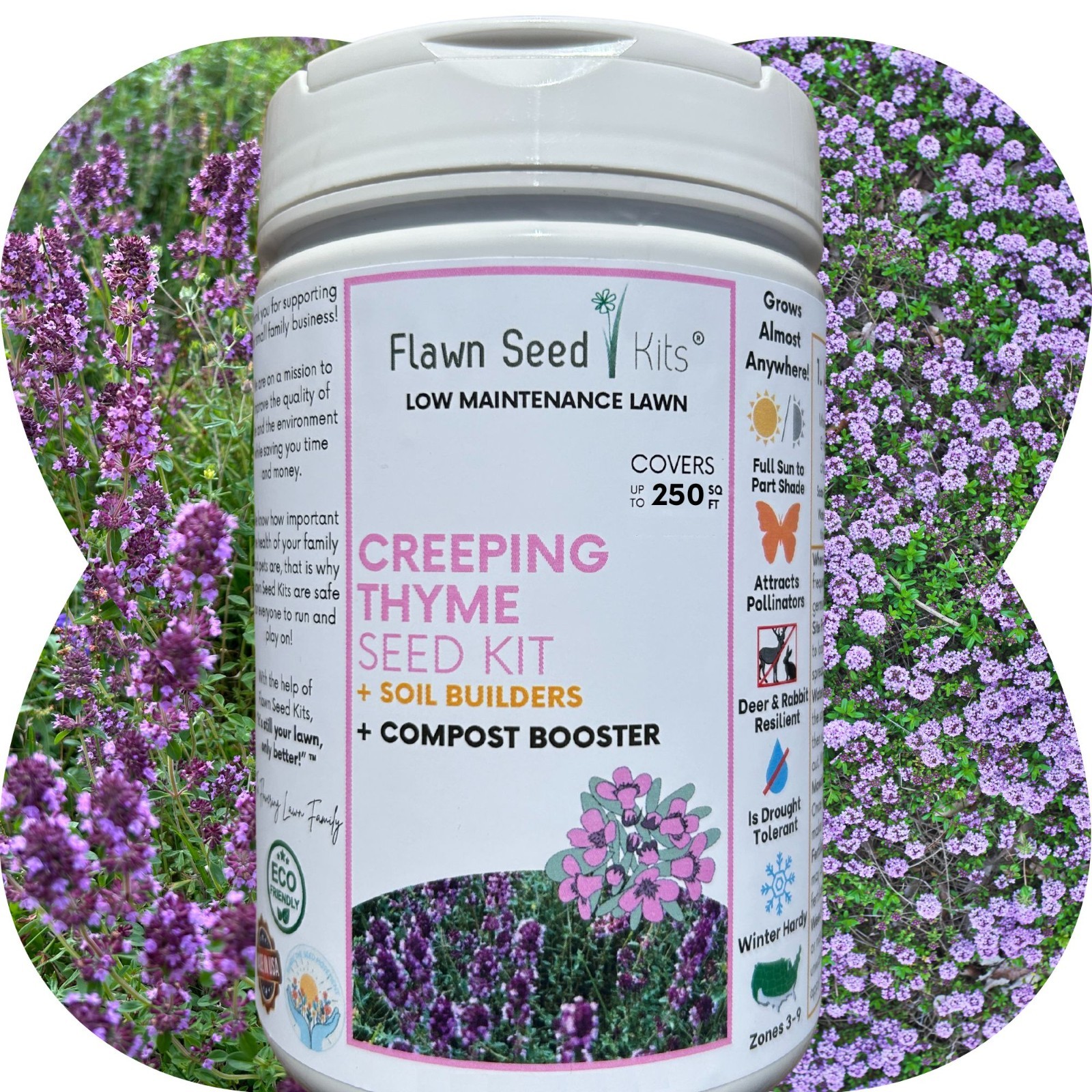 Flawn Seed Creeping Thyme, Easy Spread Shaker, Pollinator Friendly, Ground Cover