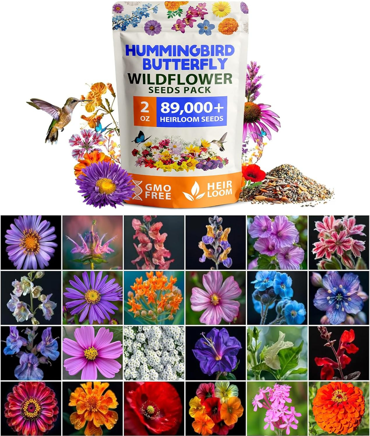 Premium Wildflower Seeds 89,000+ Count – 23 Non-Gmo Native Varieties for Bees, B