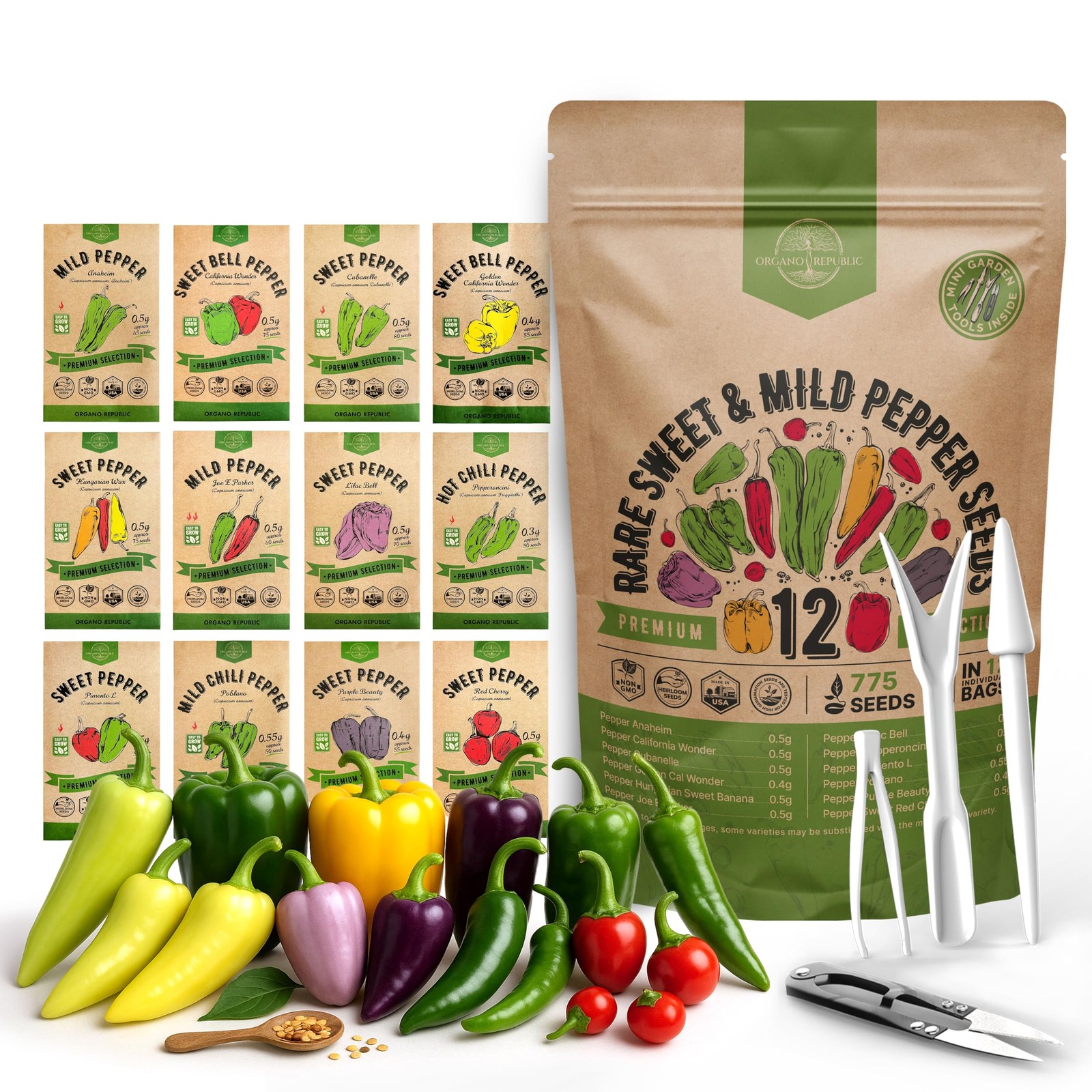 Organo Republic 12 Rare Sweet & Mild Pepper Seeds Variety Pack 770+ NonGMO H…