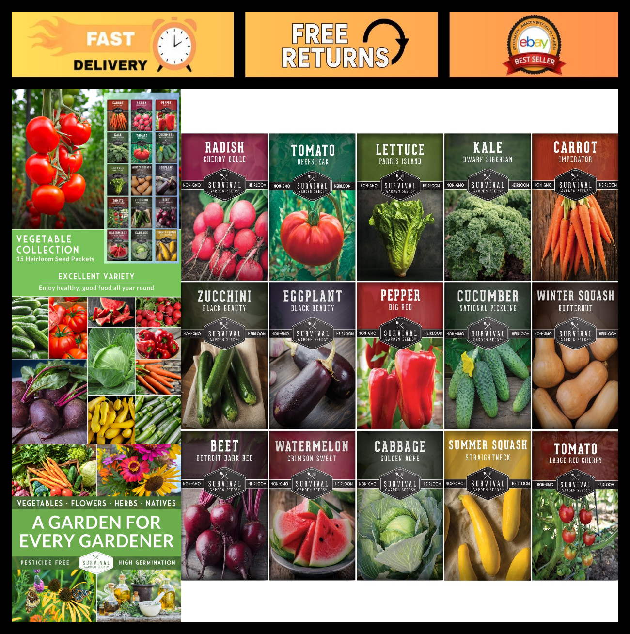 Heirloom Vegetable Garden Seed Vault – 15 Pack Non-GMO Seeds for Tomato, Lettuce
