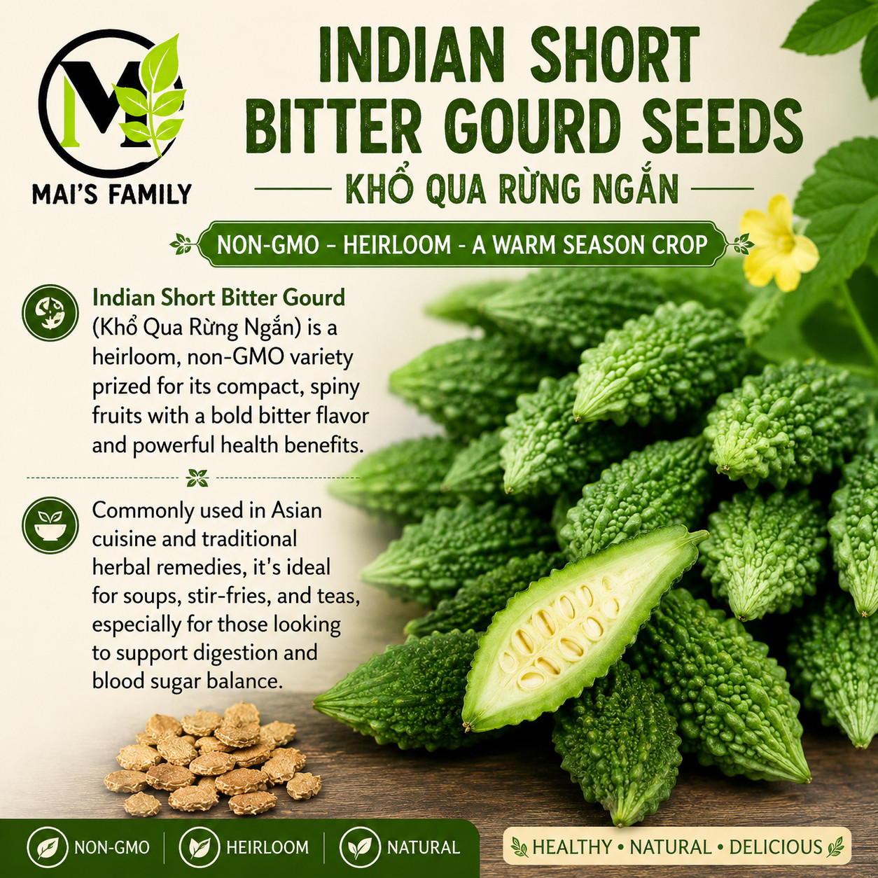 Indian Babe Short Bitter Melon Seeds, Khổ qua rừng lùn gai. Non-GMO Heirloom