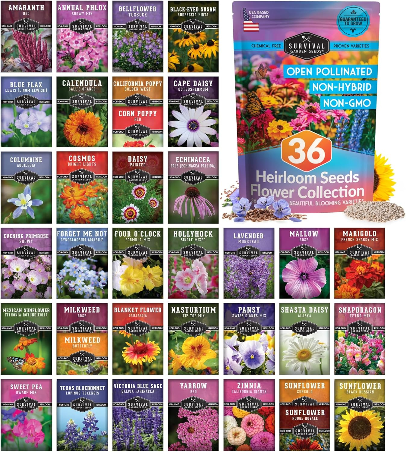 Flower Seeds Garden Kit – 36 Packs of Annual & Perennial Flowers for Planting –