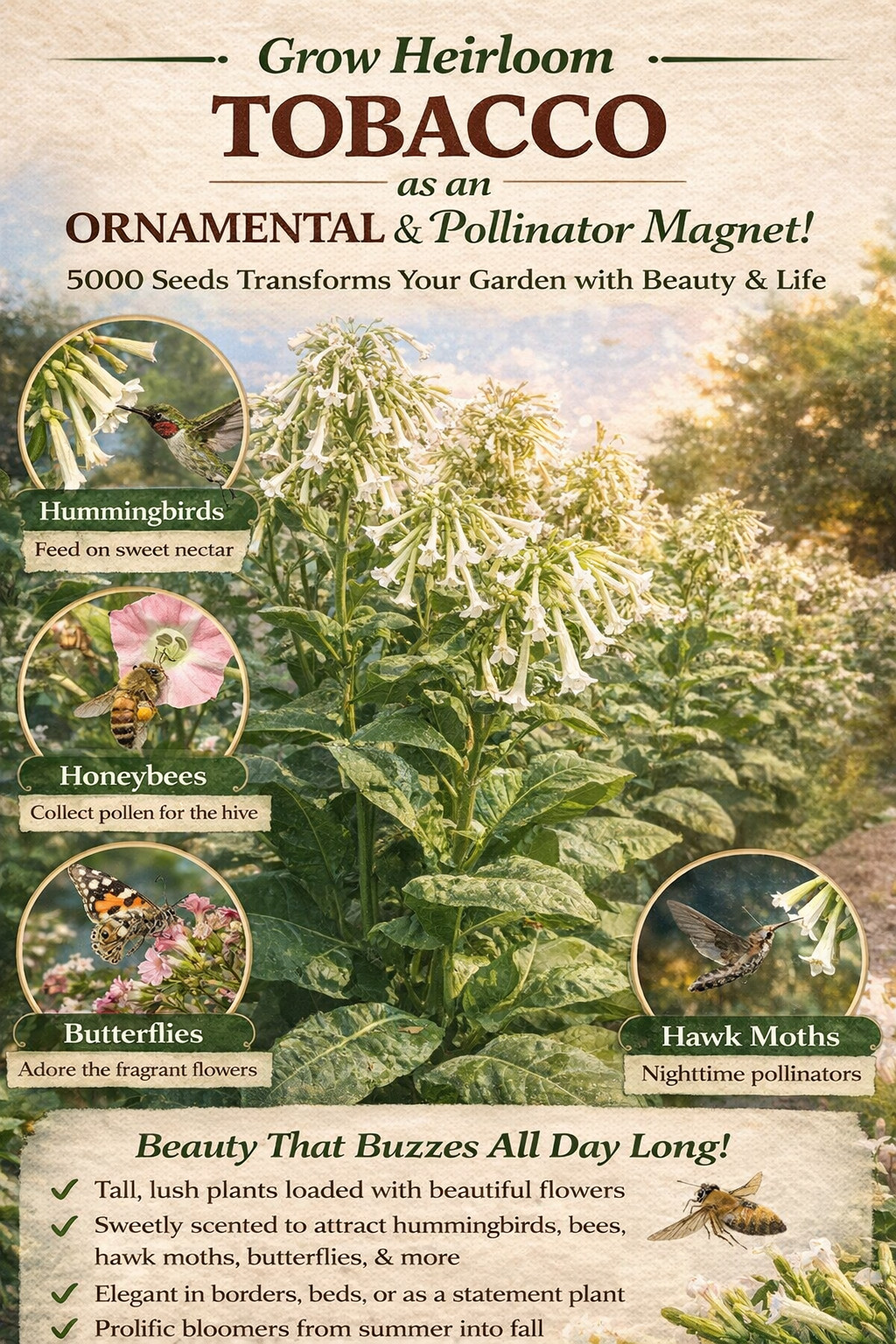 5000 Tobacco Seeds, Heirloom Mix, 6 Varieties, Hummingbird Pollinator Attractor