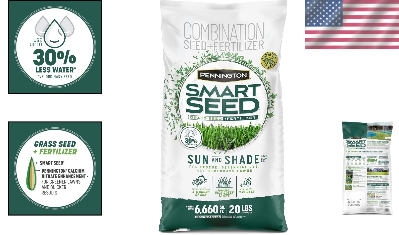 Smart Seed Sun & Shade Grass Mix 20lb, Low Water Use, Disease Resistant