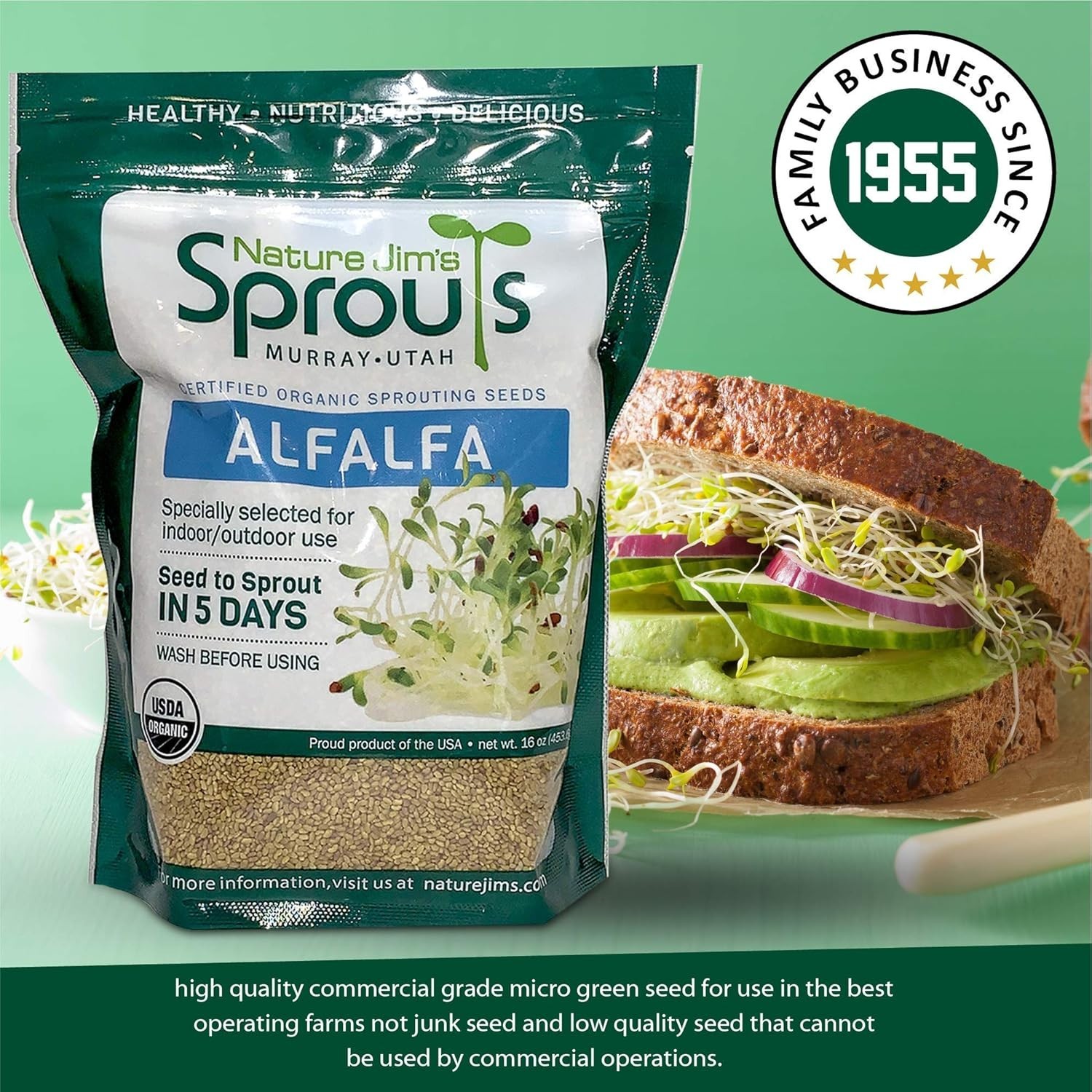 Non-GMO Organic Alfalfa Seeds – 16oz Sprout Growing Kit for Home Gardens