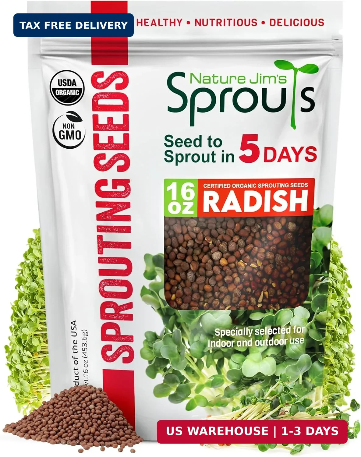 Nature Jims Organic Radish Sprout Seeds – 16 Ounce Premium Non-GMO Radish Seeds