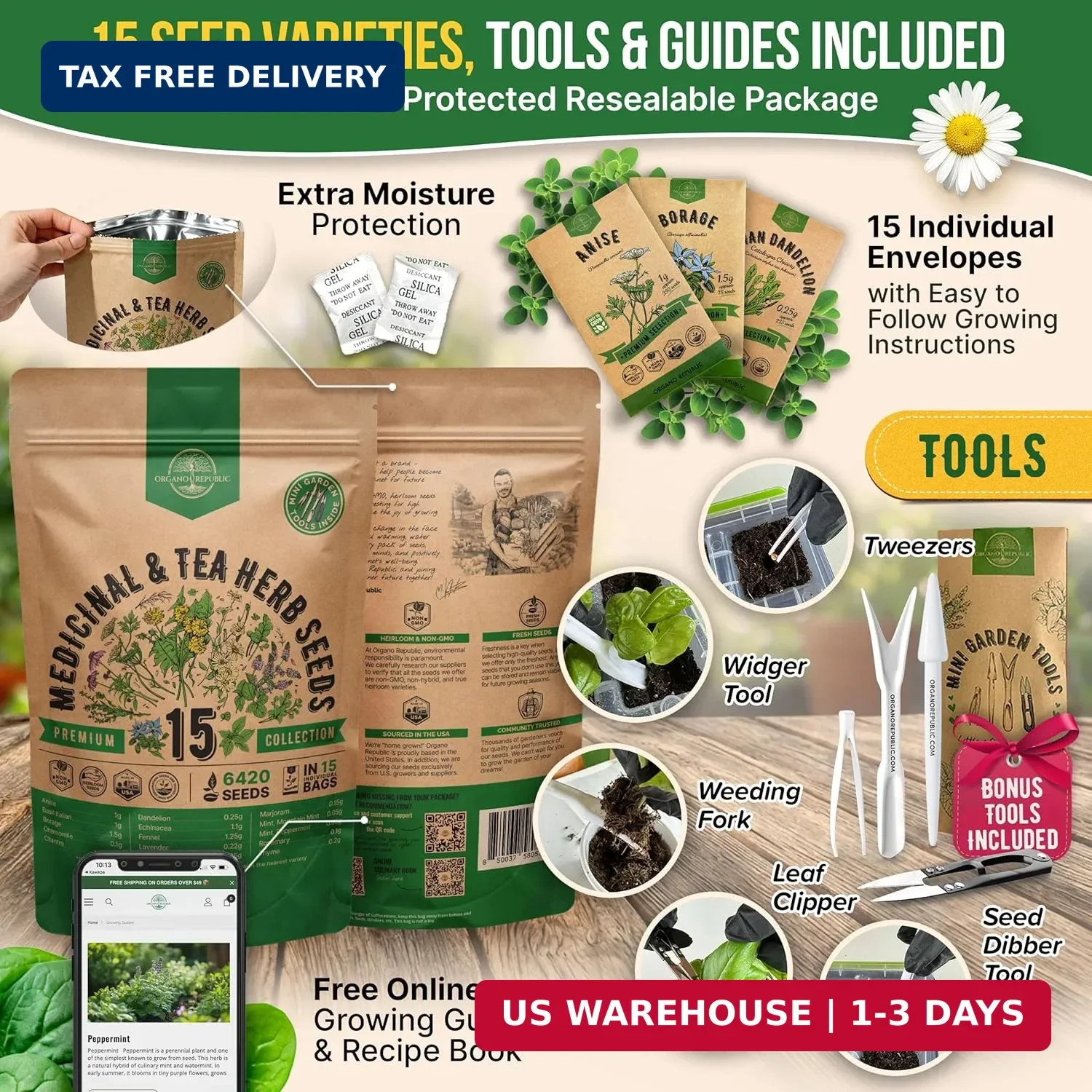 Organo Republic 15 Medicinal & Tea Herb Seeds Variety Pack 6,420+ Non-GMO Heirlo