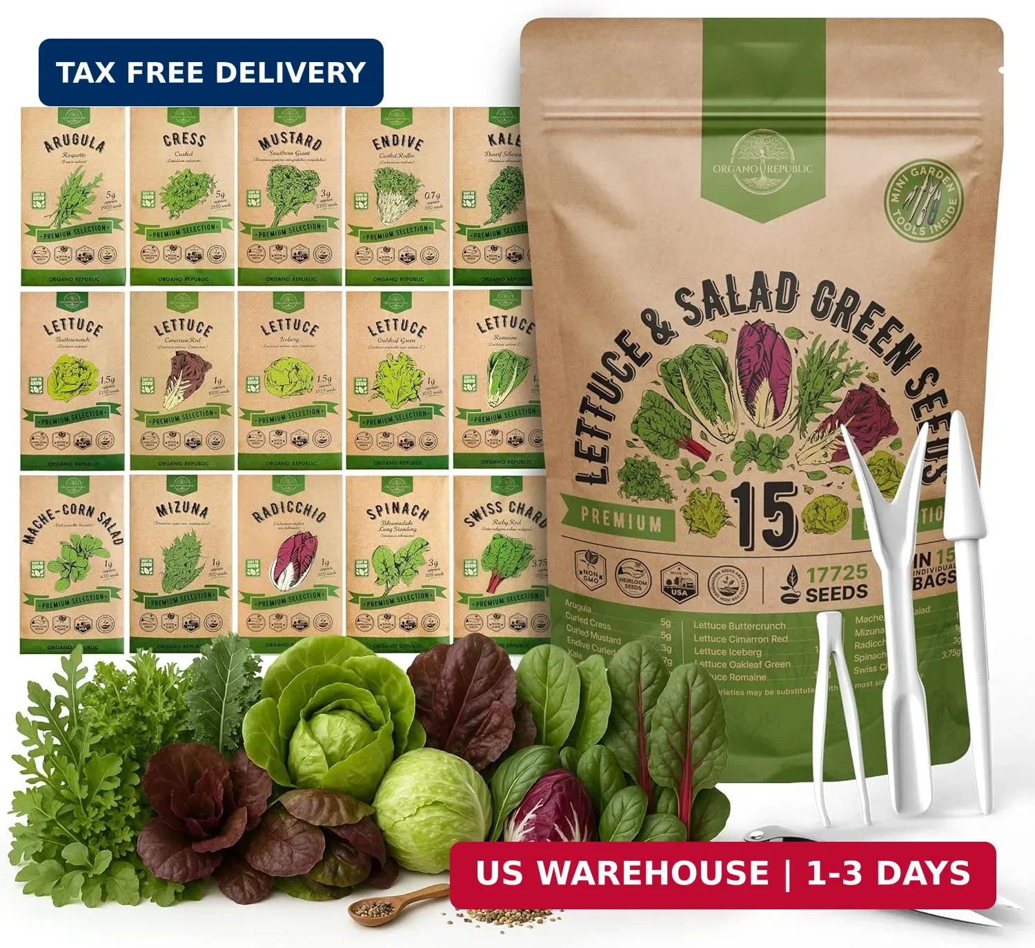 Organo Republic 15 Lettuce & Salad Greens Seeds Variety Pack 17700+ Non-GMO Heir