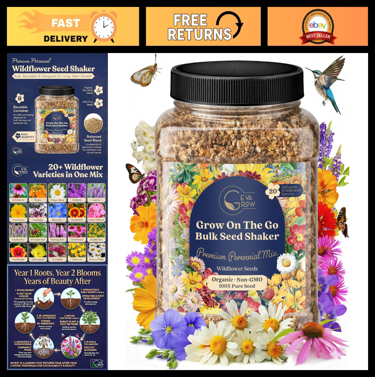 Bulk Wildflower Seed Shaker – 900,000+ Perennial Flower Seeds Mix, 1 lb Tub, Pla