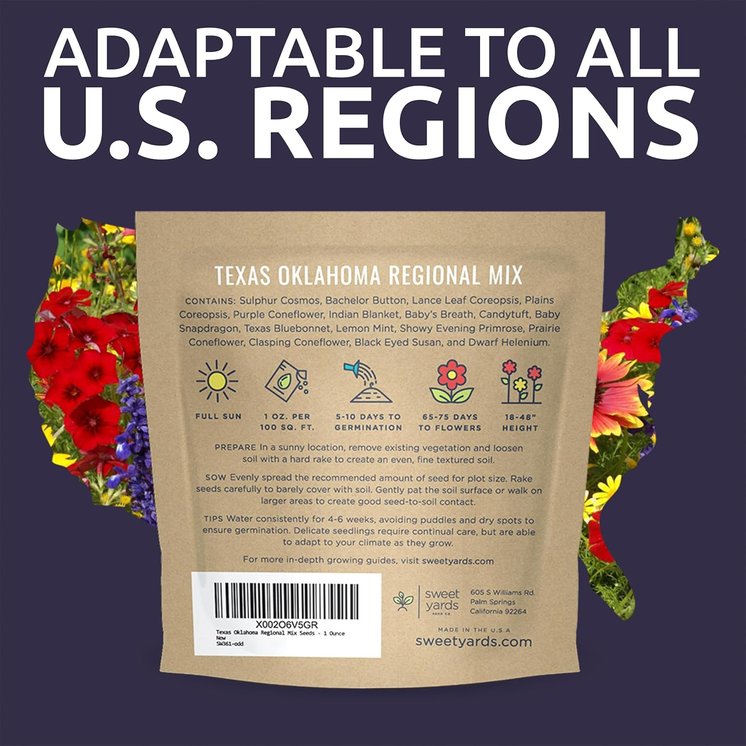 Texas Oklahoma Wildflower Seeds Mixture – Bulk 1 Ounce Packet – over 15,000 Nati
