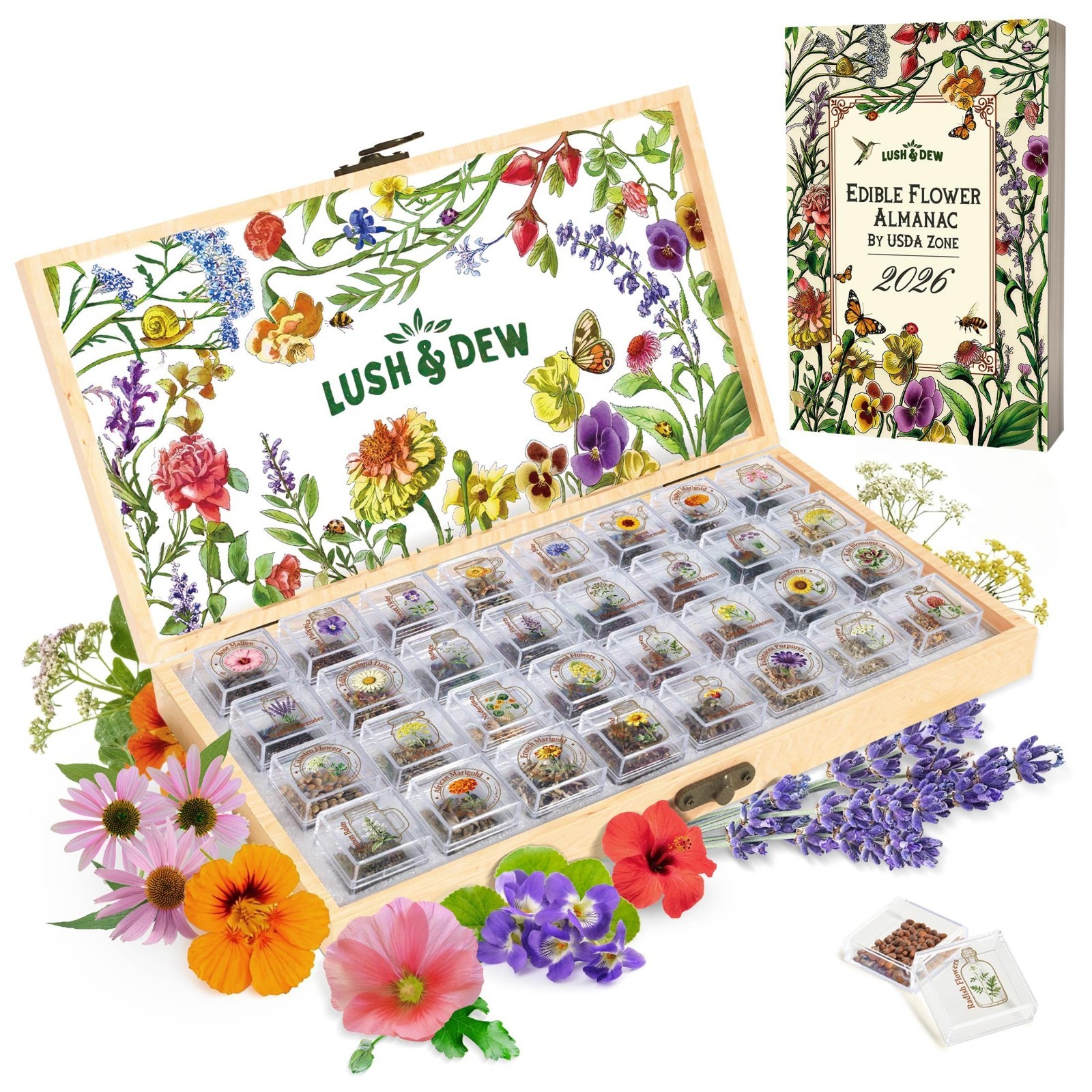 Edible Flower Seed Bank – 30,000+ Non-GMO Heirloom Seeds, Gardening Gift Set, Cu