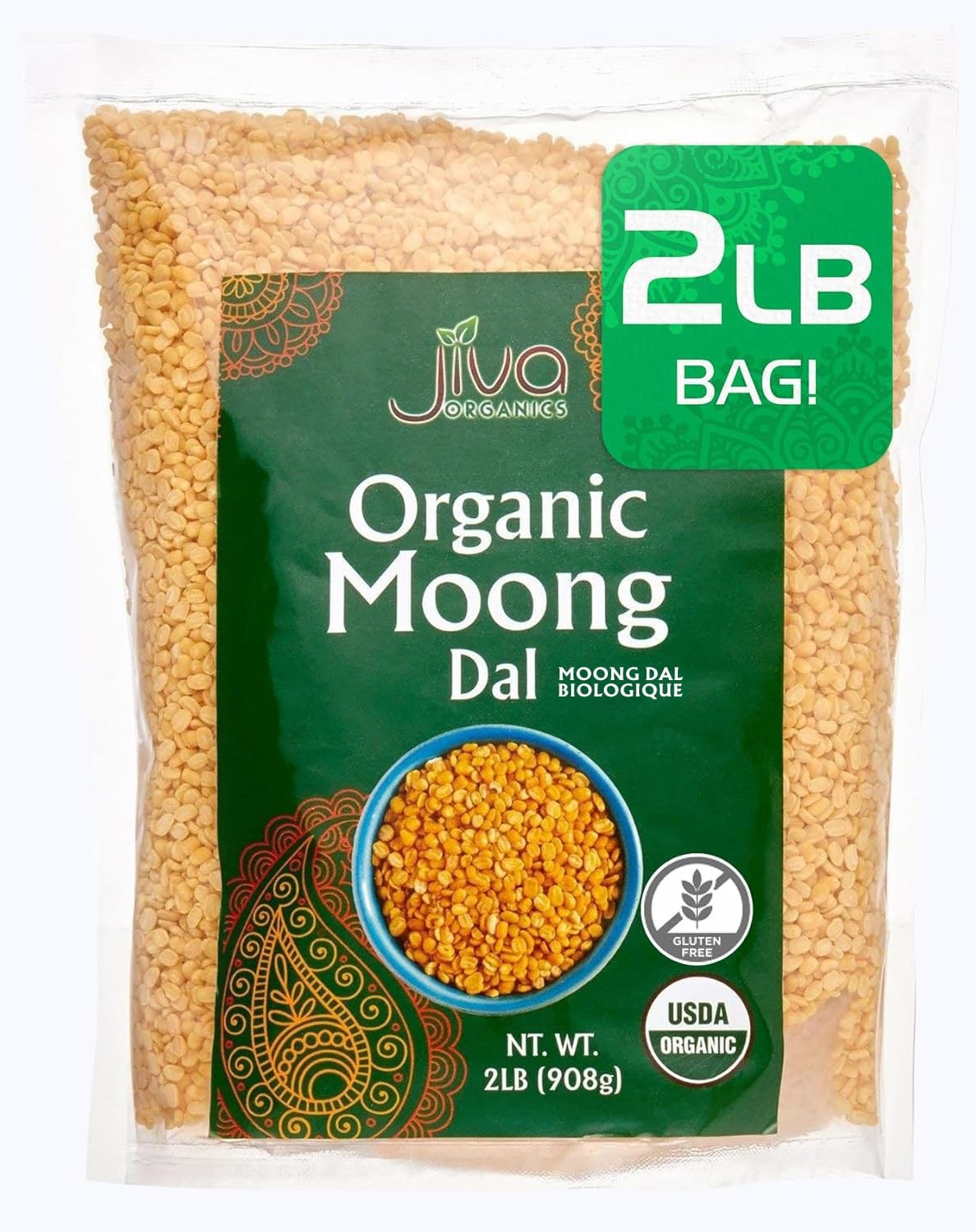 Jiva Organic Yellow Moong Dal 2 LB – Non-GMO, Gluten Free, Mung Beans