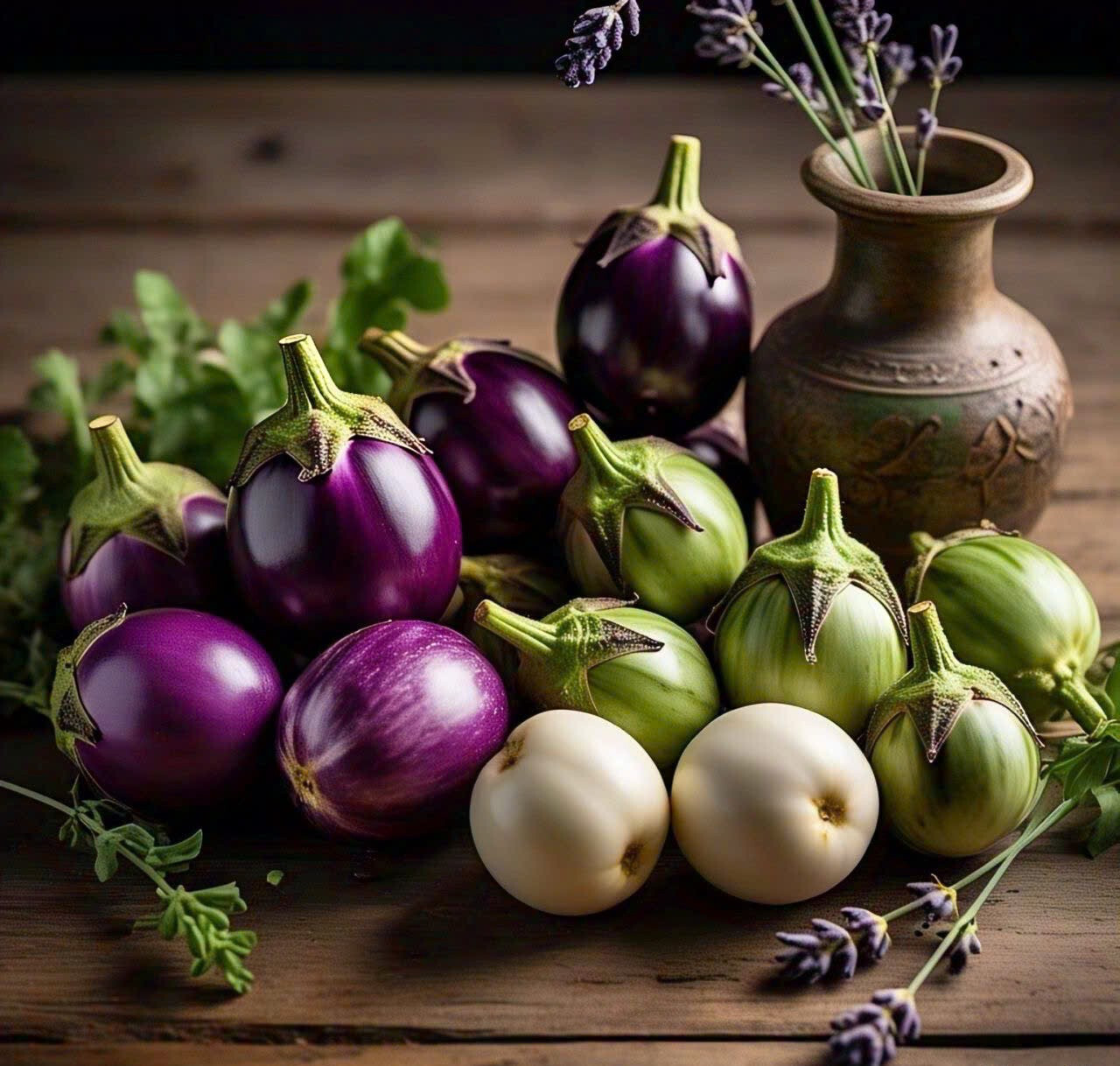 ROUND EGGPLANT MIX 3 COLORS SEEDS, CÀ PHÁO TRỘN, 茄子,berenjena 90% GERMINATION