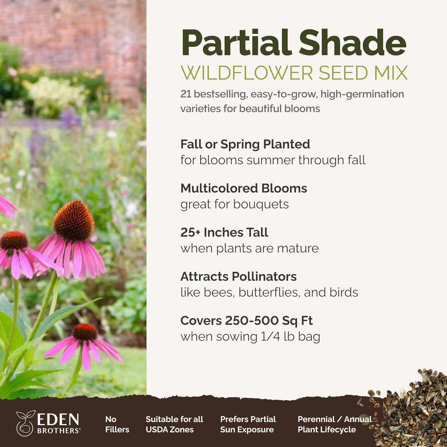 Partial Shade Wildflower Mixed Seeds for Planting, 1/4 lb, 120,000+ Seeds with S