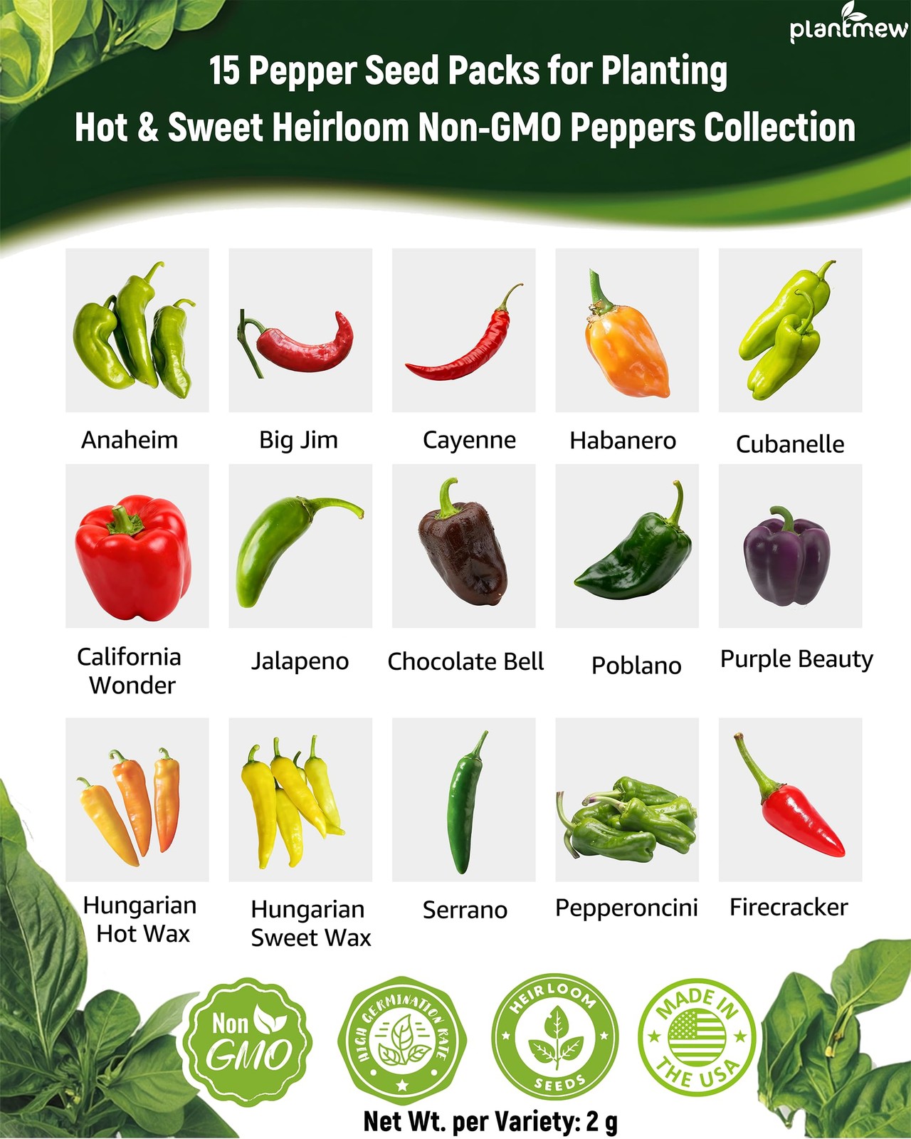 3000+ Heirloom Pepper Seeds Collection – 15 Varieties 15 Seeds, green