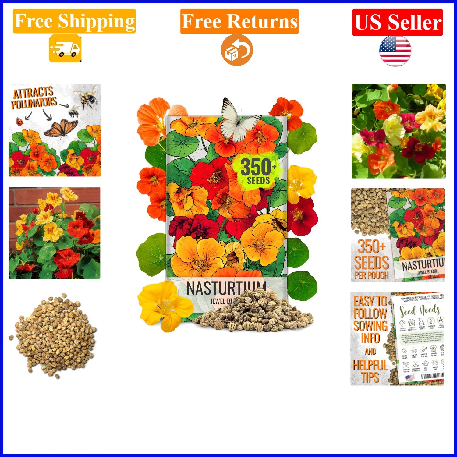 Multicolored Nasturtium Seeds, 350+ Heirloom, Full Sun, Summer Bloom