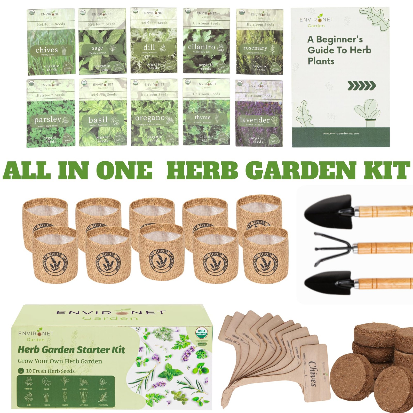Indoor Herb Garden Kit with Organic Seeds and Burlap Pots for Easy Growing