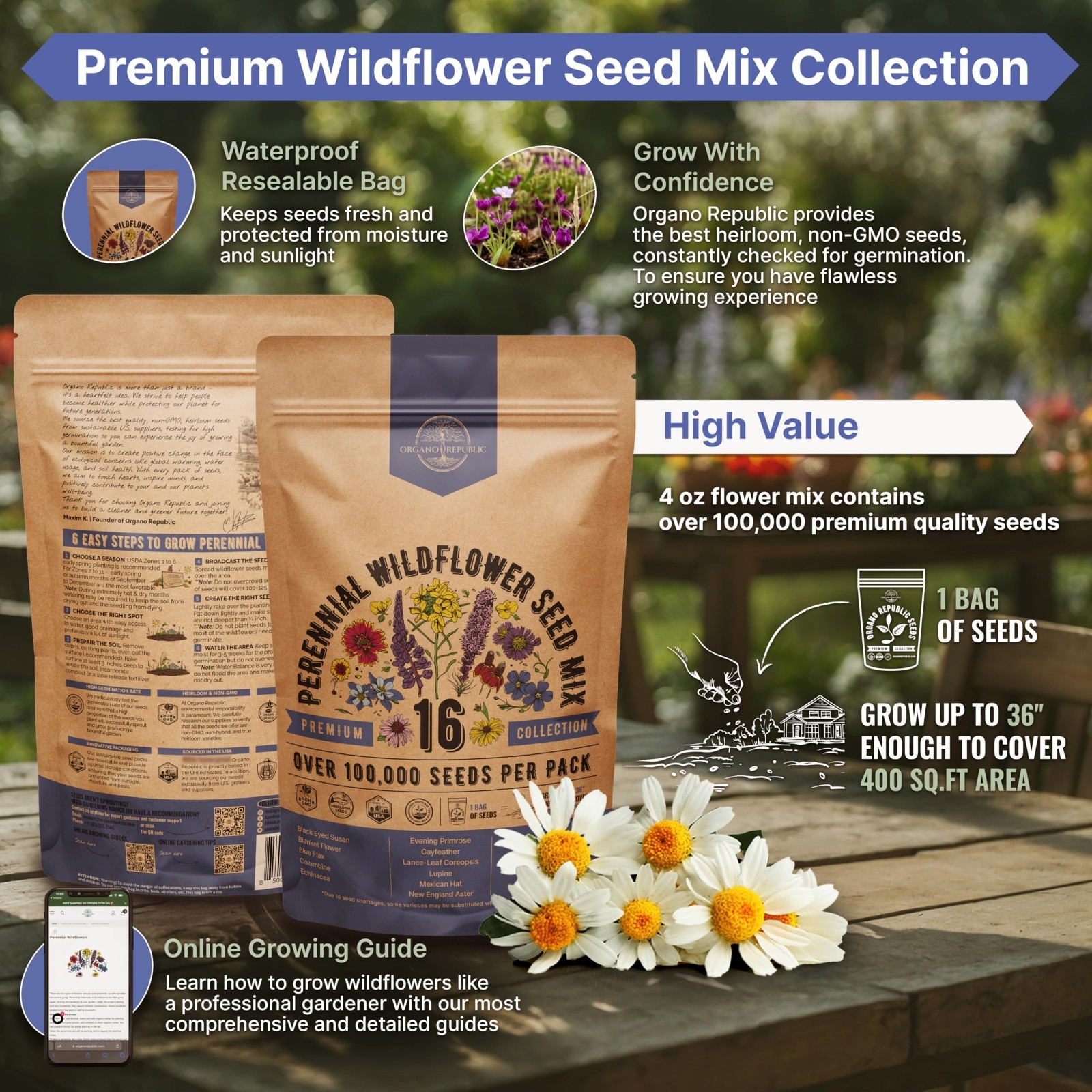 16 Perennial Wildflower Seed Mix – Non-GMO Heirloom Seeds for Garden & Pollinato