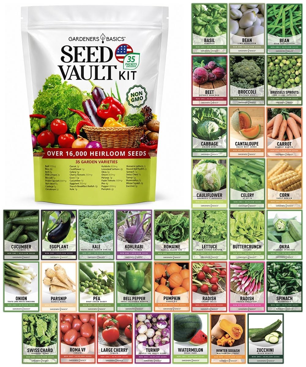 Survival Seed Vault Kit – 35 Heirloom Non-GMO Vegetable Seeds, 16,000+ Seeds & M