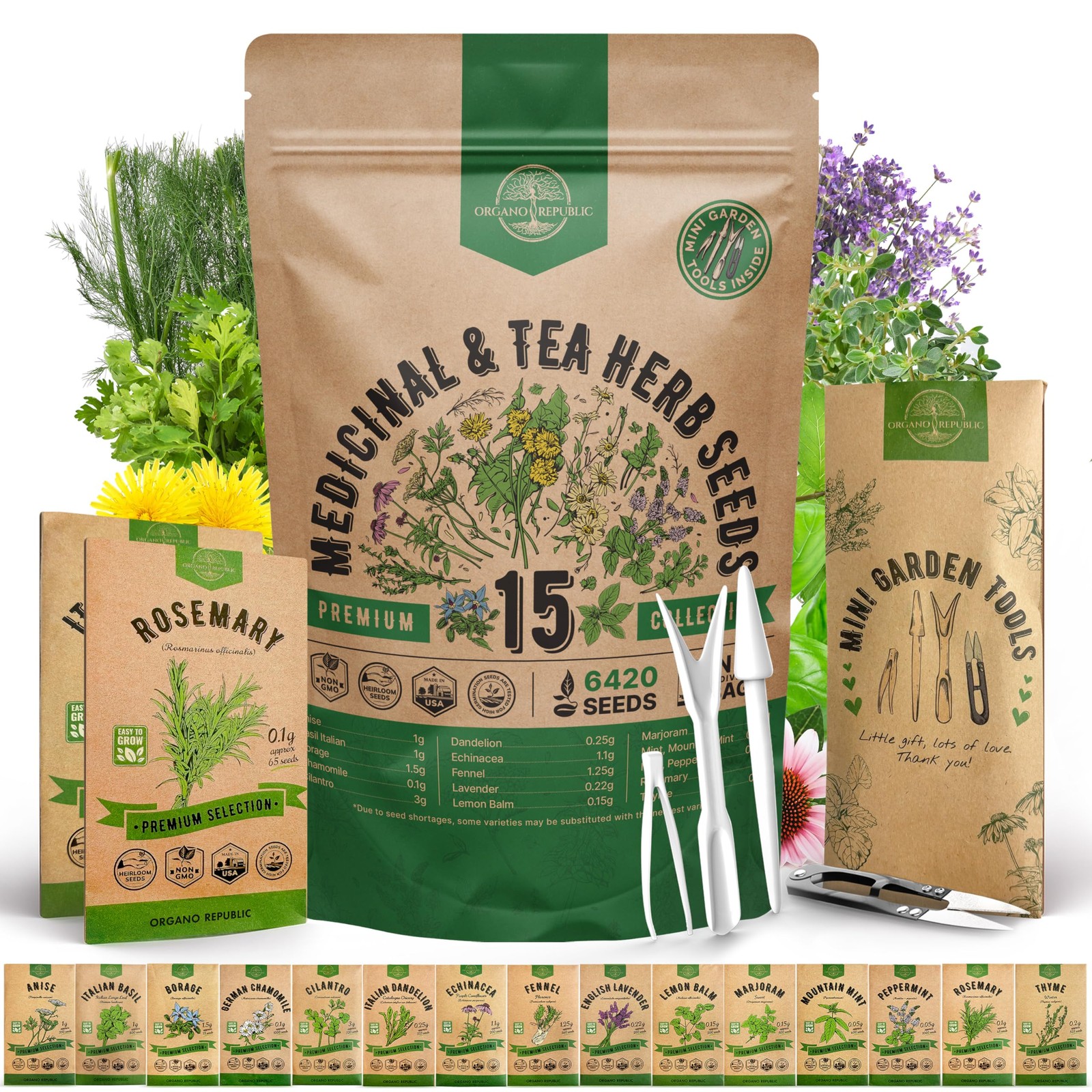 15 Medicinal & Tea Herb Seeds Variety Pack 6,420+ NonGMO Heirloom Garden Seed…