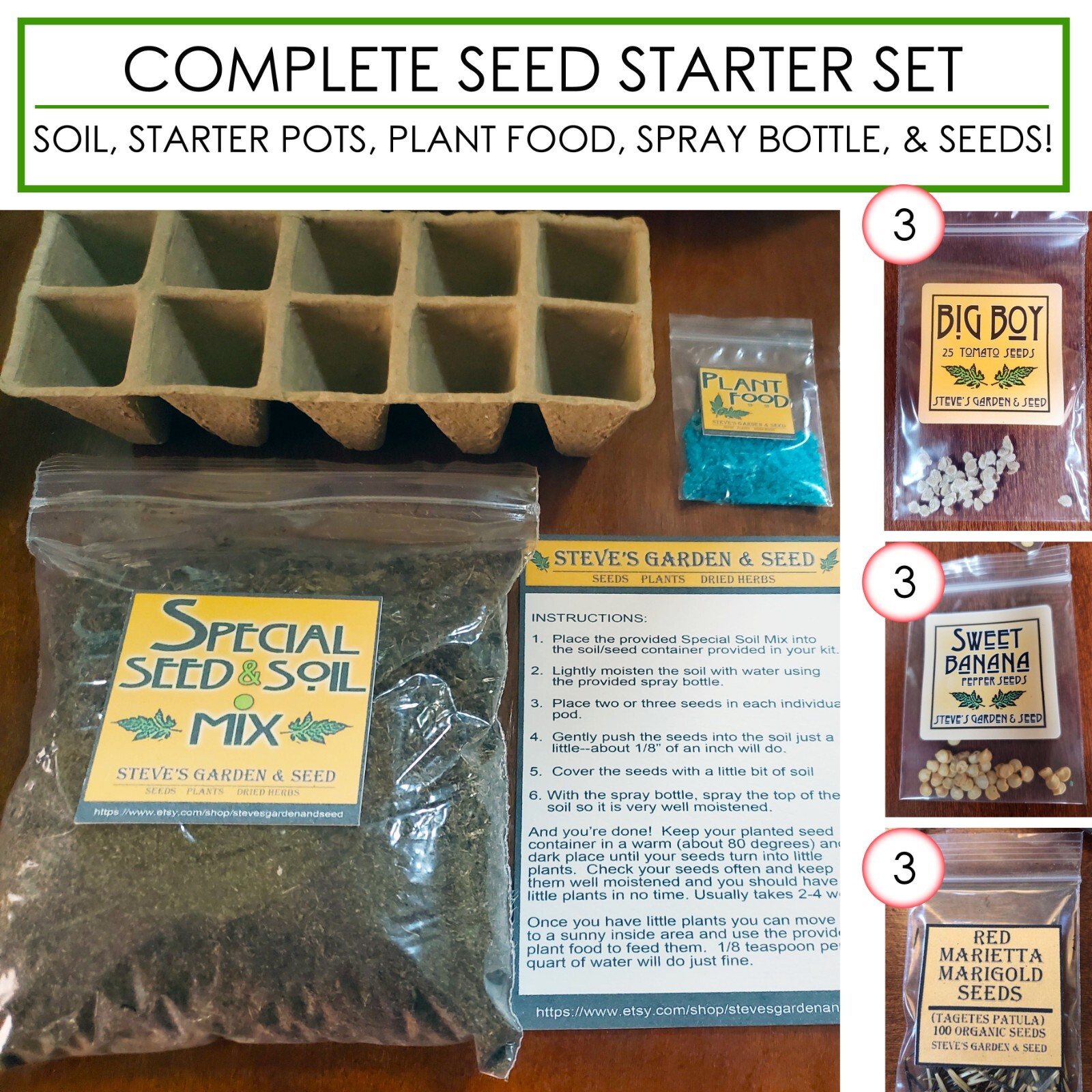 Tomato, Pepper, Marigold Complete Garden Seed Start Kit, Soil, Food, Peat Pots