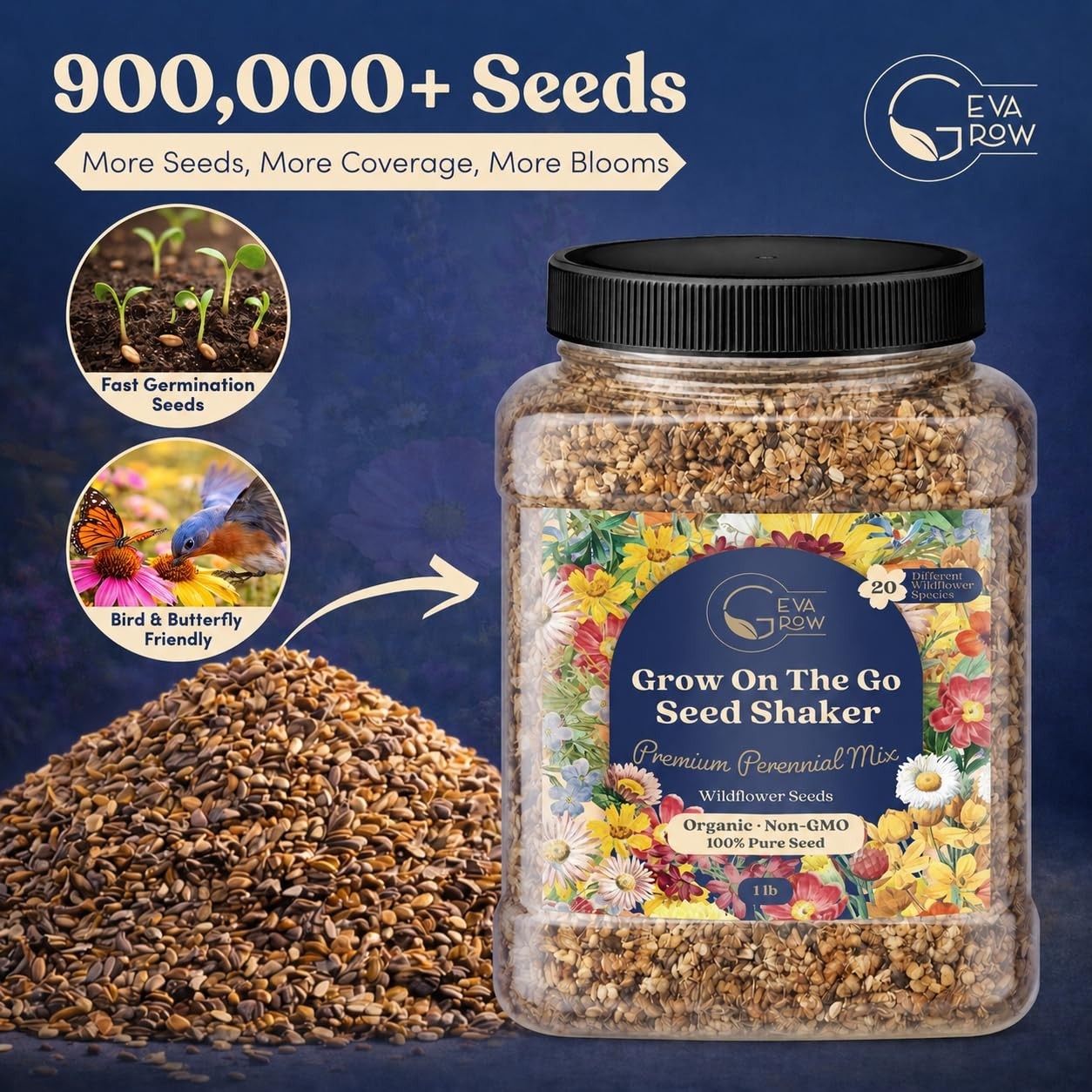 Bulk Wildflower Seed Shaker – 900,000+ Perennial Flower Seeds Mix, 1 lb Tub, Pla