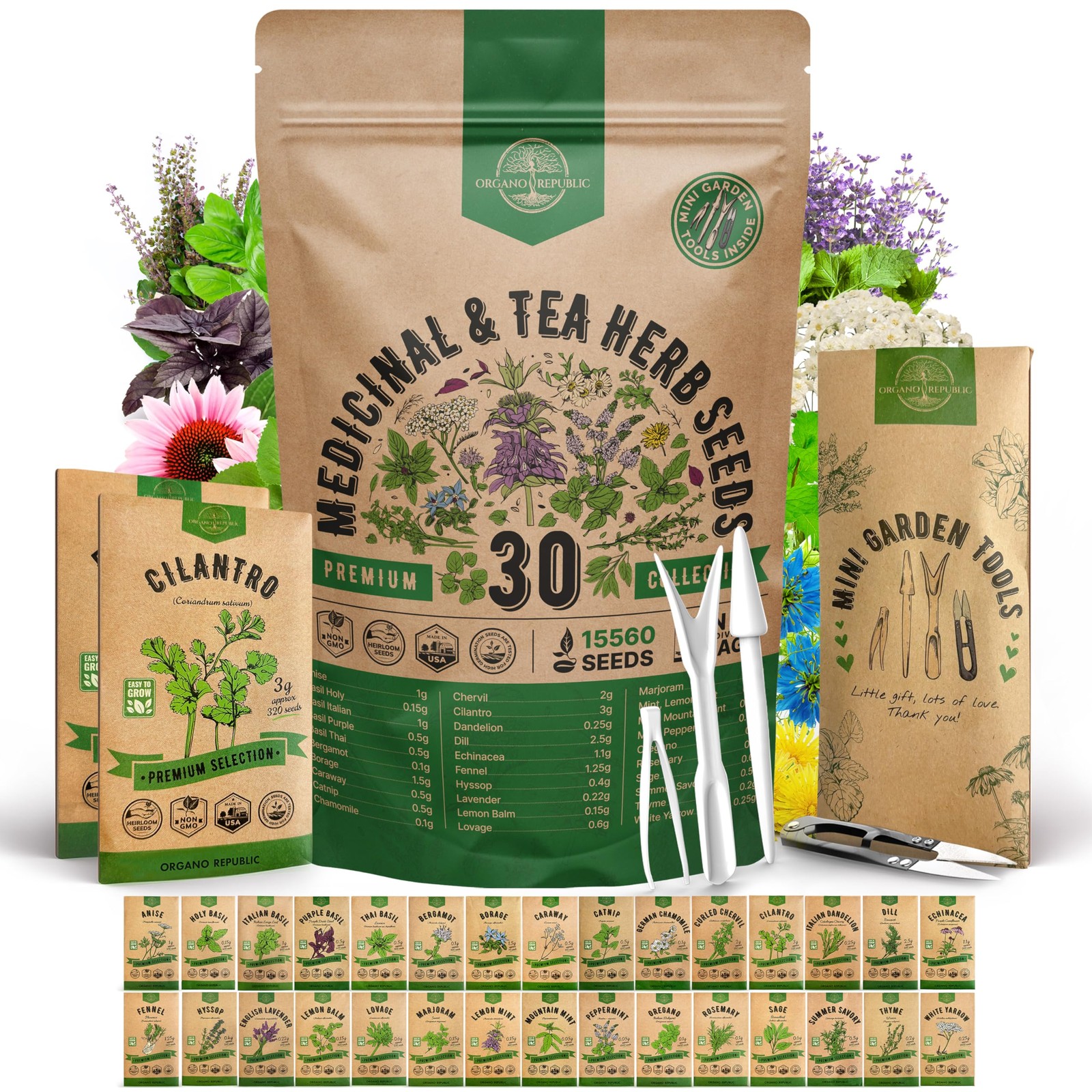 Organo Republic 30 Medicinal & Tea Herb Seeds Variety Pack 15,560+ NonGMO Hei…