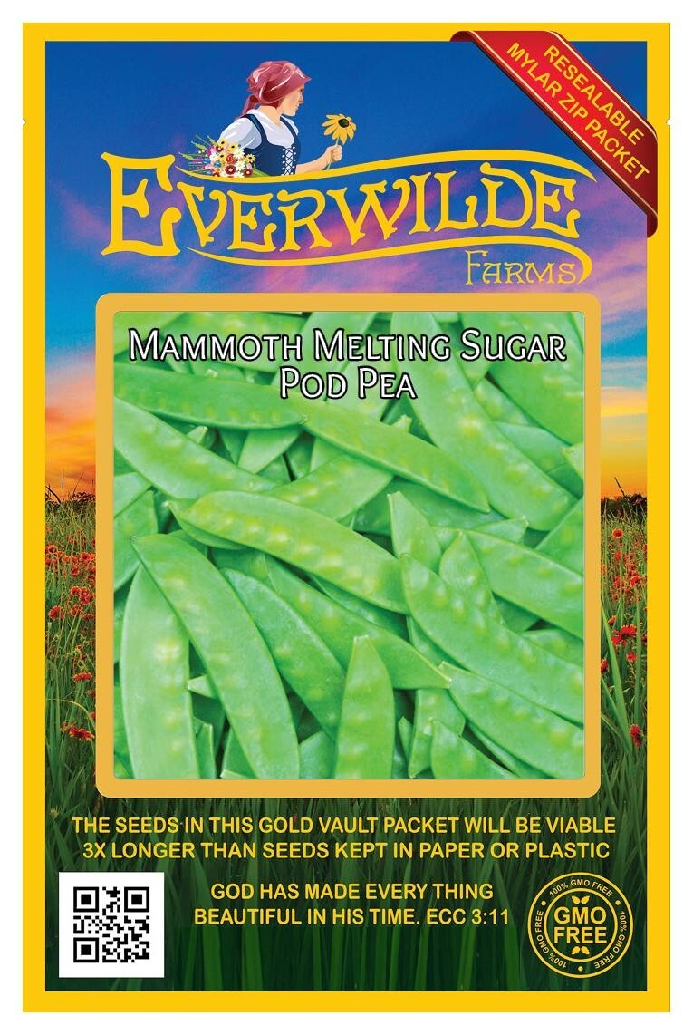 100 Mammoth Melting Sugar Pod Pea Seeds – Everwilde Farms Mylar Seed Packet